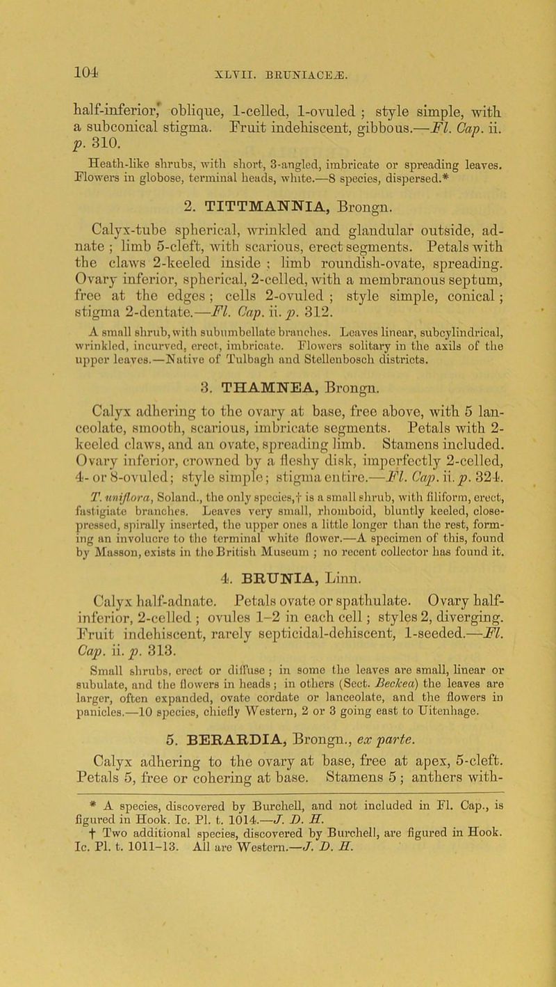 half-inferior' oblique, 1-celled, l-ovuled ; style simple, with a subconical stigma. Emit indehiseent, gibbous.—FI. Cap. ii. p. 310. Heath-like shrubs, with sliort, 3-angled, imbricate or spreading leaves. Flowers in globose, terminal heads, white.—8 species, dispersed.* 2. TITTMANNIA, Brongn. Calyx-tube spherical, wrinkled and glandular outside, ad- nate ; limb 5-cleft, with scarious, erect segments. Petals with the claws 2-keeled inside ; limb roundish-ovate, spreading. Ovary inferior, spherical, 2-celled, with a membranous septum, free at the edges ; cells 2-ovuled ; style simple, conical; stigma 2-dentate.—FI. Cap. \\. p. 312. A small shrub, with subumbellate branches. Leaves linear, subejlindrical, wrinkled, incurved, erect, imbricate. Flowers solitary in the axils of the upper leaves.—Native of Tulbagh and Stellenbosch districts. 3. THAMNEA, Brongn. Calyx adhering to the ovary at base, free above, with 5 lan- ceolate, smooth, scarious, imbricate segments. Petals with 2- keelcd claws, and an ovate, spreading limb. Stamens included. Ovary inferior, crowned by a fleshy disk, imperfectly 2-celled, 4- or 8-ovuled; style simple; stigmaeivtire.—FI. Cap. W.p. 321. T. itnijlora, Soland., the only species,! is a small shrub, with filiform, erect, fastigiate brunches. Leaves very small, rhomboid, bluntly keeled, close- pressed, spinilly inserted, the ripper ones a little longer than the rest, form- ing an involucre to the terminal white flower.—A specimen of this, found by Masson, exists in the British Museum ; no recent collector has found it. 4. BRTJNIA, Linn. Calyx balf-adnate. Petals ovate or spathulate. Ovary half- inferior, 2-celled ; ovules 1-2 in each cell; styles 2, diverging, lih’uit indehiseent, rarely septicidal-dehiscent, 1-seeded.—FI. Cap. n. p. 313. Small shrubs, erect or dilfuse ; in some the leaves are small, linear or subulate, and the flowers in heads; in others (Sect. Becked) the leaves are larger, often expanded, ovate cordate or lanceolate, and the flowers in panicles.—10 species, cliiefly Western, 2 or 3 going east to Uitenhage. 5. BERARDIA, Brongn., ex parte. Calyx adhering to the ovary at base, free at apex, 5-cleft. Petals 5, free or cohering at base. Stamens 5 ; anthers with- * A species, discovered by Burchell, and not included in FI. Cap., is figured in Hook. Ic. PI. t. 1014.—J. I). H. t Two additional species, discovered by Burchell, ai’e figured in Hook. Ic. PI. t. 1011-13. All are Western.—J. D. H.