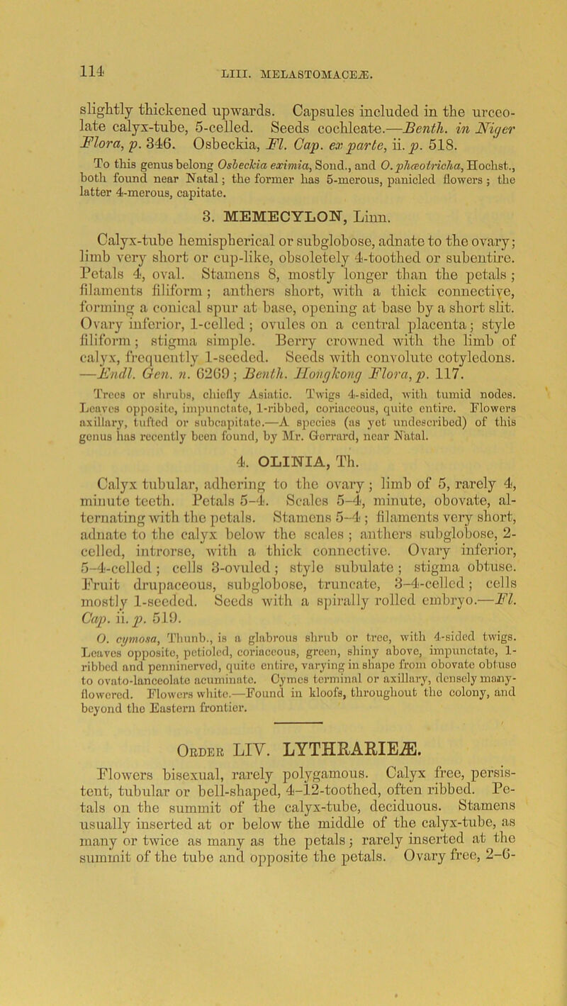 slightly thickened upwards. Capsules included in the urceo- late calyx-tube, 5-celled. Seeds cochleate.—Benth. in Niger Flora, p. 346. Osbeckia, FI. Cap. ex parte, \\. p. 518. To this genus belong Osheekia eximia,^onA., and 0.p1ueotriclia,'S.od\9t., botli found near Natal; the former has 5-merous, panicled flowers; the latter 4-merous, capitate. 3. MEMECYLON, Linn. Calyx-tube hemispherical or suhglobose, adnate to the ovary; limb very short or cup-like, ohsoletely 4-toothed or subentire. Petals 4, oval. Stamens 8, mostly lo)iger than the petals ; filaments filiform ; anthers short, with a thick counectiYe, forming a conical spur at base, opening at base by a short slit. Ovary inferior, 1-celled; ovtiles on a central placenta; style filiform; stigma simple. Berry crowned with the limb of calyx, frequently l-seeded. Seeds with convolute cotyledons. —Fndl. Gen. n. 6269; Benth. Hongkong Flora, p. 117. Trees or shrubs, chiefly Asiatic. Twigs 4-sided, with tumid nodes. Leaves opposite, impunctate, 1-ribbed, eoriaceous, quite entire. Flowers axillary, tufted or subcapitato.—A species (as yet undescribed) of this genus has recently been found, by Mr. Gorrard, near Niital. 4. OLINIA, Th. Calyx tubular, adhering to the ovary; limb of 5, rarely 4, minute teeth. Petals 5-4. Scales 5-4, minute, obovate, al- ternating with the petals. vStamens 5-4 ; filaments very short, adnate to the calyx below the scales ; anthers subglobose, 2- celled, introrse, with a thick connective. Ovary inferior, 5-4-celled; cells 3-ovuled; style subulate ; stigma obtuse. Fruit drupaceous, subglobose, truncate, 3-4-celled; cells mostly l-seeded. Seeds with a s])irally rolled embryo.—FI. Cap. \\.p. 519. (). cymosta, Tliunb., is a glabrous shrub or tree, with 4-sided twigs. Leaves opposite, pctiolcd, coriaceous, green, shiny above, impunctate, 1- ribbed and penninerved, quite entire, varying in shape from obovate obtuso to ovato-lanceolate acuminate. Cynics terminal or axillary, densely many- flowered. Flowers white.—Found in kloofs, throughout the colony, and beyond the Eastern frontier. Order LIV. LYTHRAE,IE.ffi. Flowers bisexual, rarely polygamous. Calyx free, persis- tent, tubular or bell-shaped, 4-12-toothed, often ribbed. Pe- tals on the summit of the calyx-tube, deciduous. Stamens usually inserted at or below the middle of the calyx-tube, as many or twice as many as the petals; rarely inserted at the summit of the tube and opposite the petals. Ovary free, 2-6-