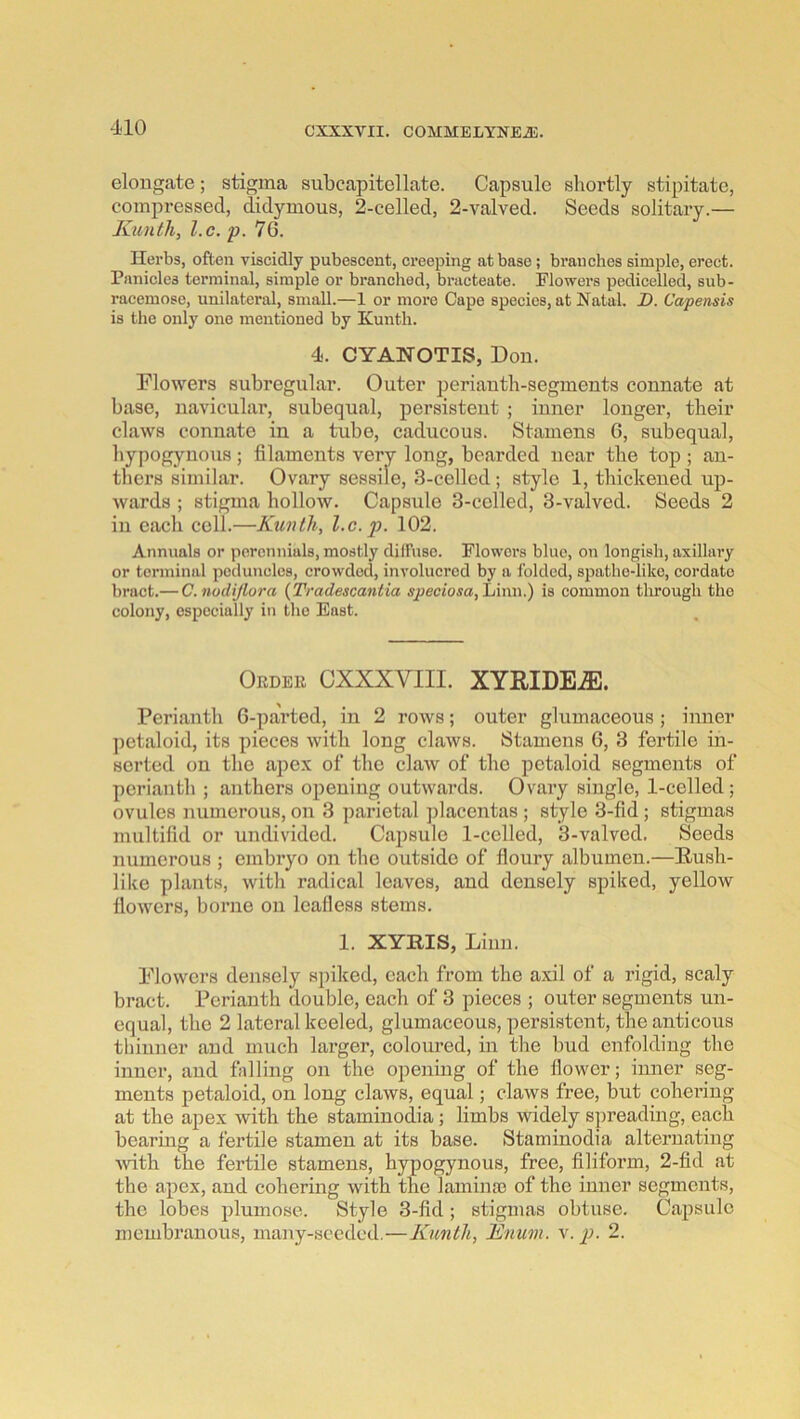 elongate; stigma subcapitellate. Capsule shortly stipitate, compressed, didymous, 2-celled, 2-valved. Seeds solitary.— Kunth, l.e. p. 76. Herbs, often viscidly pubescent, ci’eeping at base; branches simple, erect. Panicles terminal, simple or branched, bracteate. Flowers pedicelled, sub- racemose, unilateral, small.—1 or more Cape species, at Natal. D. Capensis is the only one mentioned by Kunth. 4. CYANOTIS, Don. Flowers subregular. Outer perianth-segments connate at base, navicular, subequal, persistent ; iuiier longer, their claws connate in a tube, caducous. Stamens G, subequal, hypogynous ; filaments very long, bearded near the top ; an- thers similar. Ovary sessile, 3-cellcd ; style 1, thickened up- wards ; stigma hollow. Capsule 3-celled, 3-valved. Seeds 2 in each cell.—Kunth, l.c.p. 102. Annuals or perennials, mostly diiruso. Flowers blue, on longish, axillary or terminal peduncles, crowded, involucrcd by a folded, spatho-like, cordate bract.— C.nodijlora {Tradescantia j^ecjosa, Linn.) is common through the colony, especially in the East. Order CXXXVIII. XYRIDE.®. Perianth 6-parted, in 2 rows; outer glumaceous ; inner petaloid, its pieces with long claws. Stamens 6, 3 fertile in- serted on the apex of the claw of the petaloid segments of perianth ; anthers opening outwards. Ovary single, 1-celled; ovules numerous, on 3 parietal ])lacentas ; style 3-fid; stigmas multifid or undivided. Capsule 1-celled, 3-valved. Seeds numerous ; embryo on the outside of floury albumen.—Rush- like plants, with radical leaves, and densely spiked, yellow flowers, borne on leafless stems. 1. XYHIS, Linn. Flowers densely spiked, each from the axil of a rigid, scaly bract. Perianth double, each of 3 pieces ; outer segments un- equal, the 2 lateral keeled, glumaceous, persistent, theanticous thinner and much lai’ger, coloured, in the bud enfolding the inner, and falling on the opening of the flower; inner seg- ments petaloid, on long claws, equal; claws free, but cohering at the apex with the stamiuodia; limbs widely spreading, each bearing a fertile stamen at its base. Staminodia alternating wth the fertile stamens, hypogynous, free, filifoi’m, 2-fid at the apex, and cohering with the lamina) of the inner segments, the lobes plumose. Style 3-fid; stigmas obtuse. Capsule membranous, many-sceded.—Kunth, Enum. p. 2.