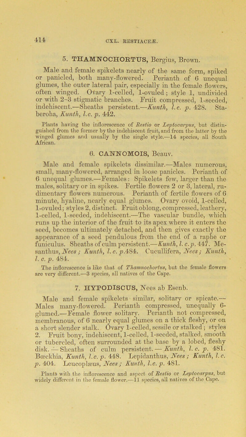 5. THAMNOCHORTUS, Bergiiis, Brown. Male and female spikelets nearly of tlie same form, spiked or panicled, both many-flowered. Perianth of G unequal glumes, the outer lateral pair, especially in the female flowers, often winged. Ovary 1-celled, 1-ovuled; style 1, undivided or with 2-3 stigmatic branches. Pi-uit compressed, 1-seeded, indehiscent.—Sheaths persistent.—Ktmth, l.c. p. 428. Sta- beroha, Kunth, l.c. p. 442. Plants having the inflorescence of Resiio or Leptocarj}u.<t, but distin- guished from tlie former by the indehiscent fruit, and from the latter by the winged glumes and usually by the single style.—14 species, all South African. G. CANNOMOIS, Beauv. Male and female spikelets dissimilar.—Males numerous, small, many-flowered, arranged in loose panicles. Perianth of G unequal glumes.—Females : Spikelets few, larger than the males, solitary or in spikes. Fertile flowers 2 or 3, lateral, ru- dimentary flowers numerous. Perianth of fertile flowers of G minute, hyaline, nearly equal glumes. Ovary ovoid, 1-celled, 1-ovuled; styles 2, distinct. Fruit oblong, compressed, leathery, 1-celled, 1-seeded, indehiscent.—The vascular bundle, which runs up the interior of the fruit to its apex where it enters the seed, becomes ultimately detached, and then gives exactly the a])pearance of a seed pendulous from the end of a raphe or funiculus. Sheaths of culm persistent.— Kunth, 1. c. p. 447. Me- santhus, Aees ; Kunth, l.c. p.4iS4i. Cucullifera, Aces; Kunth, 1. c. p. 484. Tlie inflorescence is like tliat of Thamnochorltis, but the female flowers are very diflbrent.—3 species, all natives of the Cape. 7. HYPODISCUS, Nees ab Esenb. Male and female spikelets similar, solitary or spicate.— Males many-flowered. Perianth compressed, unequally G- glumed.—Female flower solitary. Perianth not compressed, membranous, of G nearly equal glumes on a thick fleshy, or on a shoi’t slender stalk. Ovary 1-celled, sessile or stalked ; styles 2. Fruit bony, indehiscent, 1-celled, 1-seeded, stalked, smooth or tubercled, often surrounded at the base by a lobed, fleshy disk. — Sheaths of culm persistent. — Kunth, l.c.p. 481. Boeckhia, Kunth, l.c.p. 448. Lepidanthus, Nees ; Kunth, l.c. p. 404. Leucoplseus, Nees; Kimtli, l.c. p. 481. Plants with the infloi'escence and aspect of JZestio or Leptocarpus, but widely different in the female flower.—11 sjiecies, all natives of the Cape.