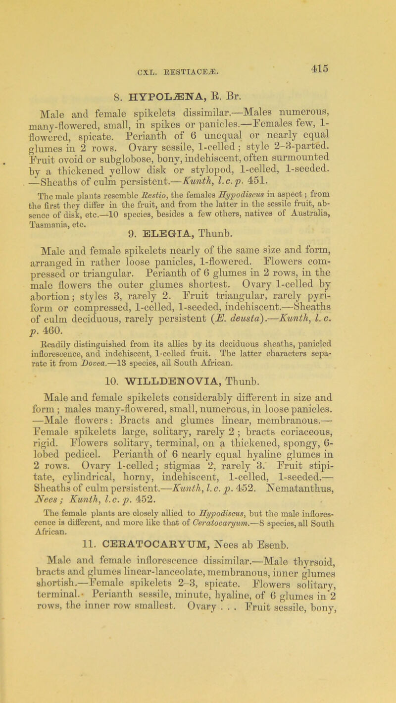 8. HYPOL^NA, E. Br. Male and female spikelets dissimilar.—Males numerous, many-llowered, small, in spikes or panicles.—Females few, 1- flowered, spicate. Perianth of 6 unequal or nearly equal glumes in 2 rows. Ovary sessile, 1-celled ; style 2-3-parted. Fruit ovoid or subglobose, bony, indebiscent, often surmounted by a thickened yellow disk or stylopod, 1-celled, 1-seeded. —Sheaths of culm persistent.—Kunth, l.c.p. 451. The male plants resemble Restio, the females Mypodiscus in aspect; from tlie first they differ in the fruit, and from the latter in the sessile fruit, ab- sence of disk, etc.—10 species, besides a few others, natives of Australia, Tasmania, etc. 9. ELEGIA, Tbunb. Male and female spikelets nearly of the same size and form, arranged in rather loose panicles, 1-flowered. Flowers com- pressed or triangular. Perianth of 6 glumes in 2 rows, in the male flowers the outer glumes shortest. Ovary 1-celled by abortion; styles 3, rarely 2. Fruit triangular, rarely pyri- form or compressed, 1-celled, 1-seeded, indebiscent.—(Sheaths of culm deciduous, rarely persistent {E. deusta).—Kunth, l.c. p. 460. Readily distinguished from its allies by its deciduous sheaths, panicled inflorescence, and indebiscent, 1-celled fruit. The latter characters sepa- rate it from Dovea.—13 species, all South African. 10. WILLDENOVIA, Thunb. Male and female spikelets considerably diflerent in size and form ; males many-flowered, small, numerous, in loose panicles. —Male flowers; Bracts and glumes linear, membranous.— Female spikelets large, solitary, rarely 2 ; bracts coriaceous, rigid. Flowers solitary, terminal, on a thickened, spongy, G- lobed pedicel. Perianth of 6 nearly equal hyaline glumes in 2 rows. Ovary 1-celled; stigmas 2, rarely 3. Fruit stipi- tate, cylindrical, horny, indebiscent, 1-celled, 1-seeded.— Sheaths of culm persistent.—Kunth, 1. c. p. 452. Nematanthus, Necs ; Kunth, l.c. p. 452. The female plants are closely allied to Hypodiscus, but the male inflores- cence is different, and more like tliat of Ceratocaryum.—8 species, all South African. 11. CERATOCARYUM, Nees ab Esenb. Male and female inflorescence dissimilar.—Male thyrsoid, bracts and glumes linear-lanceolate, membranous, iuner glumes shortish.—Female spikelets 2-3, spicate. Flowers solitary, terminal.- Perianth sessile, minute, hyaline, of 6 glumes in 2 rows, the inner row smallest. Ovary . . . Fruit sessile, bony.