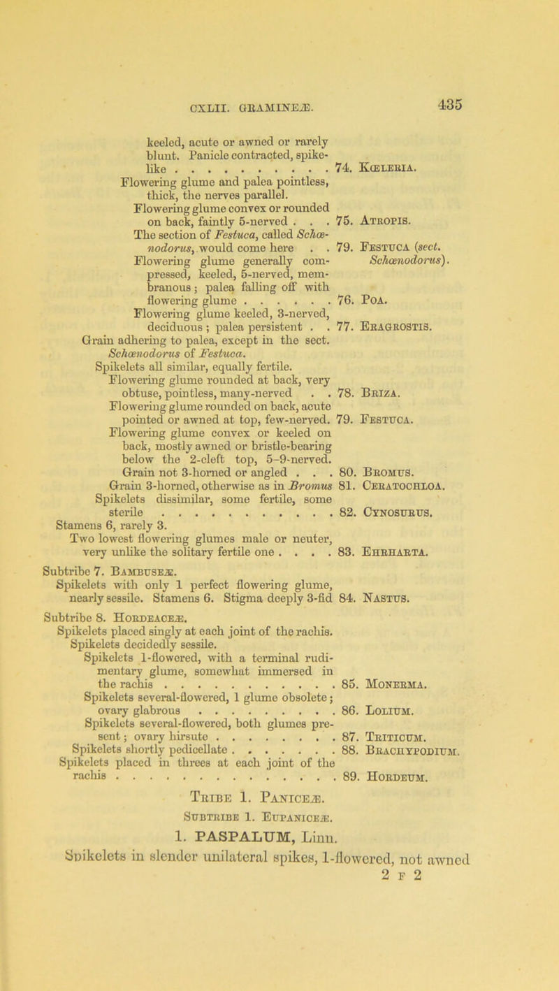 keeled, acute or awnod or rarely bluut. Panicle contracted, spike- like 74. KoSLEIilA. Flowering glume and palea pointless, thick, tlie nerves parallel. Flowering glume convex or rounded on back, faintly 5-nerved . . .75. Ateopis. The section of Festuca, called Schos- MotZorwi, would come here . .79. Festtjca (sect. Flowering glume generally com- ScAoenodorus). pressed, keeled, 5-nerved, mem- branous ; palea falling off with flowering glume 76. PoA. Flowering glume keeled, 3-nerved, deciduous ; palea persistent . . 77. EbagrOSTIS. Grain adhermg to palea, except in the sect. ScAoenodorus of Festuca. Spikelets aU similar, equally fertile. Flowering glume rounded at back, very obtuse, pointless, many-nerved . . 78. Beiza. Flowering glume rounded on back, acute pointed or awned at top, few-nerved. 79. Festuca. Flowering glume convex or keeled on back, mostly awned or bristle-bearing below the 2-cleft top, 5-9-nerved. Grain not 3-homed or angled . . . 80. BeomuS. Grain 3-horned, otherwise as in Gromits 81. Ceeatochloa. Spikelets dissimilar, some fertile, some sterile 82. Cynosueus. Stamens 6, rarely 3. Two lowest flowering glumes male or neuter, very unlike the solitary fertile one .... 83. Ehehaeta. Subtribe 7. Bambuseae. Spikelets with only 1 perfect flowering glume, nearly sessile. Stamens 6. Stigma deeply 3-fid 84. Nastus. Subtribe 8. Hoedeacea). Spikelets placed singly at each joint of the rachis. Spikelets decidedly sessile. Spikelets 1-flowored, with a terminal rudi- mentary glume, somewhat immersed in the rachis 85. Moneema. Spikelets several-flowered, 1 glume obsolete; ovary glabrous 86. Loiium. Spikelets several-flowered, both glumes pre- sent ; ovary hirsute .87. Teitioum. Spikelets shortly pedicellate 88. BeaciitpodIUM. Spikelets placed in threes at each joint of the racliis 89. Hoedeum. TuibE 1. PAKICEiE. SUBTEIBE 1. EuPANICEiE. 1. PASPALUM, Linu. yinkoletB in slender unilateral spikes, l-llowered, not awned 2 F 2