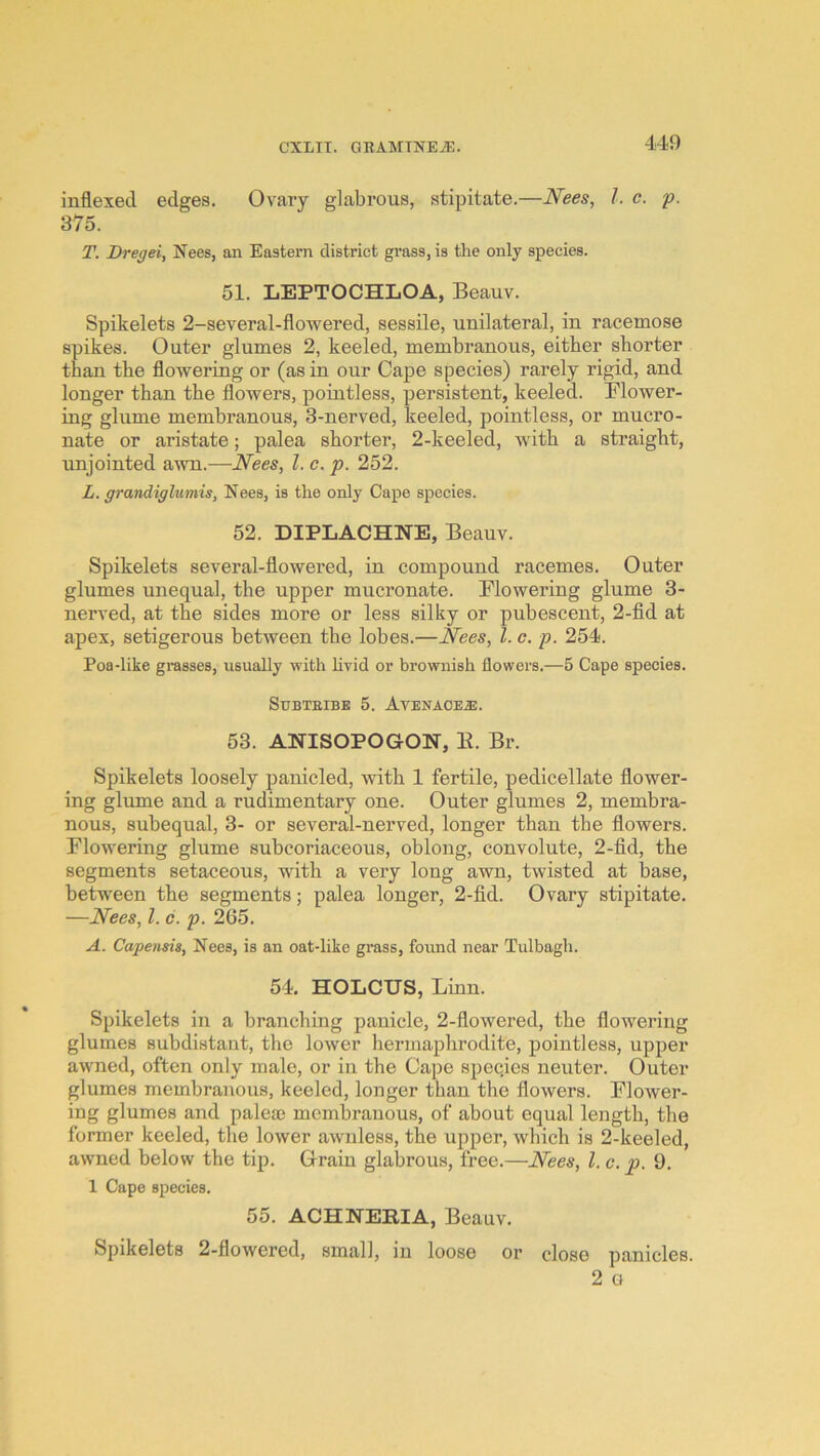 inflexed edges. Ovary glabrous, stipitate.—Nees, 1. c. p. 375. T. Dregei, Nees, an Eastern district grass, is the only species. 51. LEPTOCHLOA, Beauv. Spikelets 2-several-flowered, sessile, unilateral, in racemose spikes. Outer glumes 2, keeled, membranous, either shorter than the flowering or (as in our Cape species) rarely rigid, and longer than the flowers, pointless, persistent, keeled. Blower- ing glume membranous, 3-nerved, keeled, pointless, or mncro- nate or aristate; palea shorter, 2-keeled, with a straight, unjointed awn.-—Nees, 1. c. p. 252. L. grandiglumis, Nees, is the only Cape species. 52. DIPLACHNE, Beauv. Spikelets several-flowered, in compound racemes. Outer glumes unequal, the upper mucronate. Flowering glume 3- nerved, at the sides more or less silky or pubescent, 2-fid at apex, setigerous between the lobes.—Nees, 1. c. p. 254. Poa-like grasses, usually with hvid or brownish flowers.—5 Cape species. SuBTEiBE 5. Avenaoea:. 53. ANISOPOGON, B. Br. Spikelets loosely panicled, with 1 fertile, pedicellate flower- ing glume and a rudimentary one. Outer glumes 2, membra- nous, subequal, 3- or several-nerved, longer than the flowers. Flowering glume subcoriaceous, oblong, convolute, 2-fid, the segments setaceous, with a very long awn, twisted at base, between the segments; palea longer, 2-fid. Ovary stipitate. —Nees, 1. 6. p. 265. A. Capetisis, Nees, is an oat-like grass, found near Tulbagh. 54, HOLCUS, Linn. Spikelets in a branching panicle, 2-flowered, the flowering glumes subdistant, the lower hermaphrodite, pointless, upper awned, often only male, or in the Cape species neuter. Outer glumes membranous, keeled, longer than the flowers. Flower- ing glumes and palea) membranous, of about equal length, the former keeled, the lower awnless, the upper, which is 2-keeled, awned below the tip. Orain glabrous, free.—Nees, 1. c. p. 9. 1 Cape species. 55. ACHNEPIA, Beauv. Spikelets 2-flowered, small, in loose or close panicles. 2 G