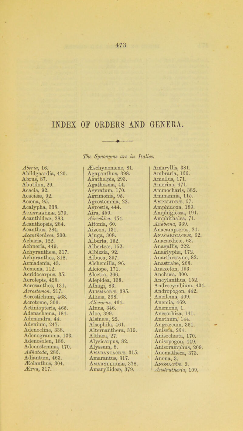 INDEX Aberia, 16. Abildgaardia, 420. Abrus, 87. Abutilon, 29. Acacia, 92. Acacieaj, 92. Acacna, 95. Acalypba, 338. Acanthace.®, 279. Acanthideae, 283. Acanthopsis, 284. Acanthus, 284. Acanthotheca, 200. Acharia, 122. Achneria, 449. Achyianthese, 317. AchjTnnthes, 318. Acmadenia, 43. Acmena, 112. Acridocarpus, 35. Acrolepis, 426. Acrosanthes, 131. Acrostemm, 217. Acrostichum, 468. Acrotome, 306. Actiniopteris, 466. Adenachaena, 184. Adcnandra, 44. Adenium, 247. Adenocline, 338. Adenogramma, 133. Adenosolen, 186. Adenostcmma, 170. Adhatoda, 285. Adiantum, 463. iEolanthus, 304. iErva, 317. OF ORDERS AND GENERA. — The Synonyms are in Italics. .ffischynomene, 81. Agapanthus, 398. Agathelpis, 293. Agathosma, 44. Ageratum, 170. Agrimonia, 95. Agrostemma, 22. Agrostis, 444. Aira, 460. Airochloa, 454. Aitonia, 60. Aizoon, 131. Ajuga, 308. Alberta, 152. Alberte*, 152. Albizzia, 92. Albuca, 397. Alchemilla, 96. Alciope, 171. Alectra, 266. Alepidea, 138. Alhagi, 83. Alismace®, 385. AUieae, 398. AUosorus, 464. Alnus, 346. Aloe, 399. Alsineaj, 22. AJsophila, 461. Altemanthera, 319. Althaea, 27. Alysicarpus, 82. Alyssum, 8. Amauantace®, 315. Amarantus, 317. Amauyllide®, 378. Amaryllidoae, 379. Amaryllis, 381. Ambraria, 156. Amellus, 171. Amerina, 471. Ammocharis, 382. Ammannia, 115. Ampelide®, 57. Amphidoxa, 189. Amphiglossa, 191. Amphithalea, 71. Anabeena, 339. Anacampseros, 24. Anacardiace®, 62. Anacardiete, 63. Anagallis, 222. Anaglypha, 172. Anarthrosyne, 82. Anastrabe, 266. Anaxeton, 193. Anchusa, 300. Ancylanthus, 152. Androcymbium, 404. Andropogon, 442, Aneilema, 409. Anemia, 469. Anemone, 1. Anesorhiza, 141. Anethum,’ 144. Angraecum, 361. Aniseia, 254. Anisochajta, 170. Anisopogon, 449. Anisoramphus, 209. Anomatheca, 373. Anona, 3. AnonaciT®, 2. Anstrutheria, 109.