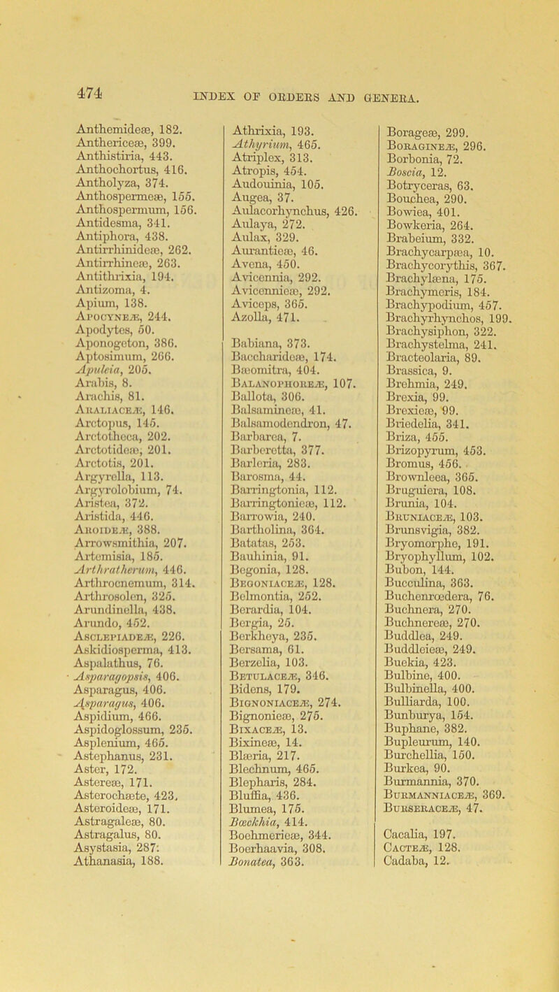 Anthcmideaa, 182. Anthericea3, 399. Anthistiria, 443. Anthochortus, 416. Antholyza, 374. Anthospermeae, 155. Antliospermum, 156. Antidesma, 341. Antiphora, 438. Antirrhinidea3, 262. Antirrhincai, 263. Antithiixia, 194. Antizoma, 4. Apium, 138. Al>OCYNE.1i, 244. Apodytcs, 50. Aponogcton, 386. Aptosimum, 266. Apuleia, 205. Arabia, 8. Aracliis, 81. Aualiacea;, 146. Arcto])u.s, 145. Arctothcca, 202. Arctxjtidea), 201. Arctoti.s, 201. Argyrolla, 113. Argyrolobiura, 74. Ariatoa, 372. Ai-iatida, 446. Auoiue.h, 388. Arrow.smithia, 207. Ai-temisia, 185. Arthrathemm, 446. Arilirocnemum, 314. Ai-throsolon, 325. Arundiiiclla, 438. Arundo, 452. Asclei'iadeji;, 226. Aakidioapenna, 413. Aapalathua, 76. Anpamffopsis, 406. Aaparagua, 406. ^npa)-a(/us, 406. Aipidium, 466. Aapidoglossum, 235. Aaplenium, 465. Astcphanus, 231. Aster, 172. Astoreos, 171. Aatcrochaete, 423, Aatoroideaj, 171. Astragaleae, 80. Astragalus, 80. Asystasia, 287: Athanasia, 188. Athrixia, 193. Athprium, 465. Atriplox, 313. Atropis, 454. Audouinia, 105. Augea, 37. AulacorlijTiclius, 426. Aulaya, 272. Aulax, 329. Aui-antioae, 46. Avona, 450. Aviccnnia, 292. Aviceimioae, 292. Avicops, 365. AzoUa, 471. Babiana, 373. Baecharidoas, 174. Bajomitra, 404. Balanoi’hohe.®:, 107. Ballota, 300. Balsaininoa), 41. Balsainodcndi’on, 47. Biu’barea, 7. Barbcrottti, 377. Barloria, 283. Barosma, 44. Bai-ringtonia, 112. Barringtonica3, 112. BaiTowia, 240. Bartbolina, 364. Batatas, 253. Bauliinia, 91. Begonia, 128. BEOONIACEiE, 128. Belmontia, 252. Berardia, 104. Bergia, 25. Berkboya, 235. Bersama, 61. Berzelia, 103. BETULACEiK, 346. Bidens, 179. Bignoniaceje, 274. Bignoniea), 275. BixacejE, 13. Bixineae, 14. Blajria, 217. Blechnum, 465. Blepharis, 284. Blufida, 436. Blumea, 175. Boeckhia, 414. Boehmerieaj, 344. Boerhaavia, 308. Bonatea, 363. Boragese, 299. Bobagineje, 296. Borbonia, 72. Boscia, 12. Botrj’-eeras, 63. Boucbea, 290. Bowiea, 401. Bowkeria, 264. Brabeium, 332. Brachycarpaja, 10. Brachycorjdhis, 367. Bracbylasna, 175. Brachymcris, 184. Brachypodiiim, 457. Brachyrhynehos, 199. Bracbysiphon, 322. Bracbystolma, 241. Bracteolaria, 89. Brassica, 9. Brehmia, 249. Bre.\ia, 99. Broxieao, 99. BiiedeHa, 341. Briza, 455. Brizopyrum, 453. Bromus, 456. Brownleea, 365. Bruguiera, 108. Brunia, 104. BltUNIACBAi, 103. Brunsvigia, 382. Bryomorphe, 191. Bryophyllum, 102. Bubon, 144. Bucculina, 363. Buchenroedera, 76. Buehnera, 270. Bucbnereaj, 270. Buddlea, 249. Buddleicas, 249. Buekia, 423. Bulbine, 400. Bulbinella, 400. Bulliarda, 100. Bunburya, 154. Bupbane, 382. Bupleurum, 140. Burcbellia, 150. Burkea, 90. Burmannia, 370. Buiimanniaceaj, 369. Bukseeaceje, 47. Cacalia, 197. Cacteas, 128. Cadaba, 12.