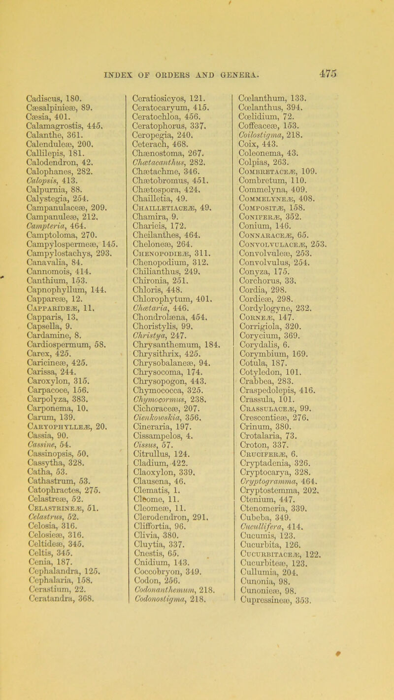 Cadiscus, 180. Cfesalpinioa3, 89. Ctesia, 401. Calamagrostis, 445. Calanthe, 361. Calendulese, 200. Callilepis, 181. Calodendron, 42. Calophanes, 282. Calopsis, 413. Calpumia, 88. Calystegia, 254. Campanulace80, 209. Campanuleas, 212. Campteria, 464. Camptoloma, 270. Campylospermeae, 145. Campylostacliys, 293. Canavalia, 84. Cannomois, 414. Canthium, 153. CapnophyUum, 144. Capparero, 12. Capparidea;, 11. Capparis, 13. Capsella, 9. Caidamine, 8. Cardiospermum, 58. Carex, 425. Caricinea3, 425. Carissa, 244. Caroxylon, 315. Carpacoce, 156. Carpolyza, 383. Carponema, 10. Carum, 139. Caryophyllea;, 20. Cassia, 90. Cansine, 54. Cassinopsis, 50. Cassytha, 328. Catha, 53. Cathakrum, 53. Catophractes, 275. Celastreaj, 52. Celastrinea:, 51. C'elastrus, 52. Celosia, 316. Celosieas, 316. Celtide», 345. Celtis, 345. Cenia, 187. Ccphalandra, 125. Ccphalaria, 158. Ccraslium, 22. Ccratandra, 368. Ceratiosicyos, 121. Ceratocaryum, 415. CeratocMoa, 456. Ceratophorus, 337. Ceropegia, 240. Ceterach, 468. Chsenostoma, 267. Ghatacantkm^ 282. Chtetaelune, 346. ChaBtobromus, 451. ChsBtospora, 424. Chailletia, 49. Chailletiacea!, 49. Chamira, 9. Chariois, 172. Cheilantbes, 464. Cheloneas, 264. Chenopodiea, 311. Chenopodium, 312. Chilianthus, 249. Cbirorda, 251. Chloris, 448. Chlorophytum, 401. Ghcetaria, 446. Cbondrolaena, 454. Choristylis, 99. Ghristya, 247. Chrysanthemum, 184. Chrysithrix, 425. Chrysohalaneae, 94. Chrysocoma, 174. Chrysopogon, 443. Chymococca, 325. Ghymocormus, 238. Cichoracem, 207. Gienkoivskia, 356. Cineraria, 197. Cissampolos, 4. Gissus, 57. Citrullus, 124. Cladimn, 422. Claoxylon, 339. Clausona, 46. Clematis, 1. Cleome, 11. Cleomcas, 11. Clcrodendron, 291. ClifFortia, 96. Clivia, 380. Cluytia, 337. Cnestis, 65. Cnidium, 143. Coccobryon, 349. Codon, 256. Godouanthcmum, 218. Go(lonosliy)n<iy 218. Coelanthum, 133. Ccelanthus, 394. CoeUdium, 72. Coffeacem, 153. Goilostigma, 218. Coix, 443. Coleonema, 43. Colpias, 263. CoMBRETACEA, 109. Combretum, 110. Commolyna, 409. CoMMELYNEA, 408. CoMPOSITA, 158. CoNIFERA, 352. Conium, 146. CONNARACEA, 65. CONVOLVULACEA, 253. Convolvuloae, 253. Convolvulus, 254. Conyza, 175. Corcborus, 33. Cordia, 298. Cordieaj, 298. Cordylogyne, 232. Cornea, 147. Corrigiola, 320. Corycium, 369. Corydalis, 6. Corymbium, 169. Cotula, 187. Cotyledon, 101. Crabbea, 283. Craspedolepis, 416. Crassula, 101. Crassulacea, 99. Crescontieee, 276. Crinum, 380. Crotalaria, 73. Croton, 337. Crucifera, 6. Cryptadenia, 326. Cryptocarya, 328. Gryptogramma, 464. Ciyptostcmma, 202. Ctenium, 447. Ctonomeria, 339. Cubeba, 349. GucuUifera, 414. Cucumis, 123. Cucui'bita, 126. Cucurbitacea, 122. CucurbitotD, 123. Cullumia, 204. Cunonia, 98. Cunoniotn, 98. Cuprossinoic, 353.