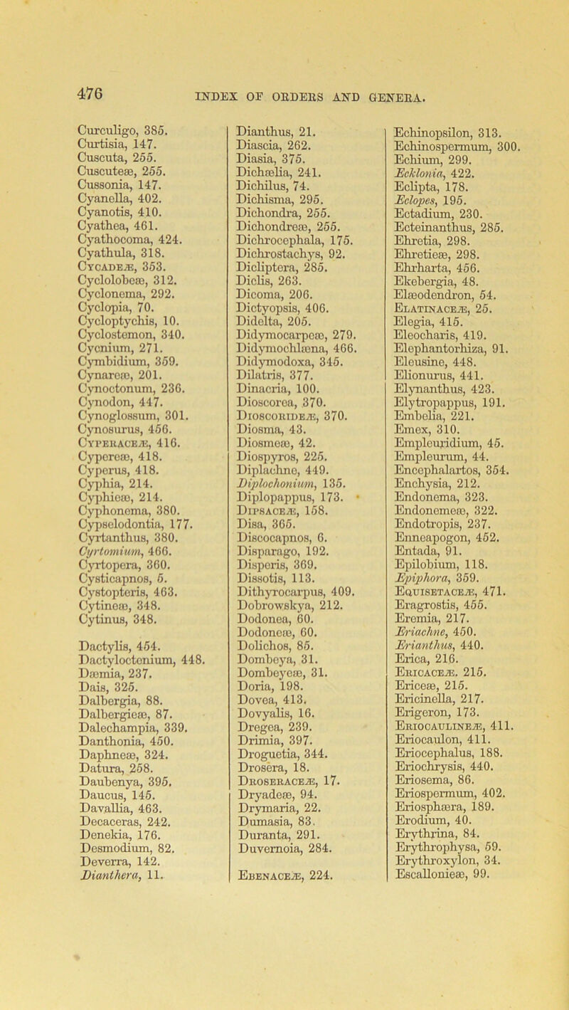 Curculigo, 385. Curtisia, 147. Cuacuta, 255. Cuscuteaa, 255. Cussonia, 147. Cyanclla, 402. Cyanotis, 410. Cyathea, 461. Cyathocoma, 424. Cyathiila, 318. Cycadeje, 353. Cyclolol)ca3, 312. Cyclonoma, 292. Cyclopia, 70. Cycloptydiis, 10. Cyclostomon, 340. Cycnium, 271. CjTnbidium, 359. CynarciD, 201. Cynoctonum, 236. Cynodon, 447. Cynoglossum, 301. Cynosurus, 456. CYrEUACE/H, 416. Cyporoaa, 418. Cyperus, 418. Cyidiia, 214. Cj'jihioffi, 214. Cyphoncma, 380. Cypselodontia, 177. CyrtanthuH, 380. Cyrtomium, 466. CjTtopcra, 360. Cysticapnos, 5. Cystopteria, 463. Cytinoa), 348. Cylinua, 348. Dactylia, 454. Pactyloctonium, 448. Daiinia, 237. Daia, 325. Dalbergia, 88. Dalbergieaj, 87. Dalechampia, 339. Danthonia, 450. Dapbnese, 324. Datura, 258. Daubenya, 395. Daucua, 145. Dayallia, 463. Decaceraa, 242. Denekia, 176. Deamodium, 82. Deverra, 142. Bianthera, 11. Dianthua, 21. Diaacia, 262. Diaaia, 375. Dichajlia, 241. Dichilua, 74. Dichiama, 295. Dichondra, 255. Dichondreaj, 255. Dichrocephala, 175. Dichroatachya, 92. Dicliptora, 285. Diclia, 263. Dicoraa, 206. Dictyopaia, 406. Didelta, 205. Didymocarpca3, 279. DidjTiiocblajna, 466. Didymodoxa, 345. Dilatria, 377. Dinacria, 100. Dioscoroa, 370. Dioscouiuea!, 370. Dioama, 43. Dioamea), 42. Diospyros, 225. Diplachno, 449. Biplochonium^ 135. Diplopappua, 173. • Dipbacea!, 168. Diaa, 366. Diacocapnoa, 6. Disparage, 192. Disporia, 369. Disaotia, 113. Dithyrocarpus, 409. Dobrowekya, 212. Dodonea, 60. Dodoncio, 60. Doliclioa, 85. Domboya, 31. Domboyoa), 31. Doria, 198. Dovea, 413. Dovyalia, 16. Dregoa, 239. Drimia, 397. Droguetia, 344. Drosera, 18. Dkosekacea:;, 17. Dryadeaj, 94. Drymaria, 22. Dumasia, 83. Duranta, 291. Duvemoia, 284. Eeenaceas, 224. Echinopsilon, 313. Echinospermxim, 300. EcHum, 299. Eoklonia, 422. Eclipta, 178. Eclopes, 195. Ectadium, 230. Ecteinanthus, 285. Ehretia, 298. Ehi’etieaa, 298. Ehi'harta, 456. Ekebergia, 48. Ela3odendi’on, 54. Elatinaceaj, 25. Elogia, 416. Eleocharis, 419. Elopbantorbiza, 91. Elousine, 448. EUonurns, 441. EljTiantbus, 423. Elytropappus, 191. Emboba, 221. Emex, 310. Emplcujidium, 45. Emplourum, 44. Encepbalartos, 364. Enebysia, 212. Endonema, 323. Endonomeaj, 322. Endotropis, 237. Enneapogon, 452. Entada, 91. Epilobium, 118. Epiphora^ 369. EaUISETACEA!, 471. Eragrostia, 455. Eremia, 217. Eriachne, 450. Erianthus, 440. Erica, 216. EllICACEiB. 215. Ericeaa, 216. Ericinella, 217. Erigeron, 173. Ehiocaulineje, 411. Eriocaulon, 411. Eriocepbalus, 188. Erioebryaia, 440. Eriosema, 86. Eriospermum, 402. Eriospbajra, 189. Erodiura, 40. Erytbrina, 84. Er^bi-opbysa, 59. Erytbroxylon, 34. Escalloniea), 99.