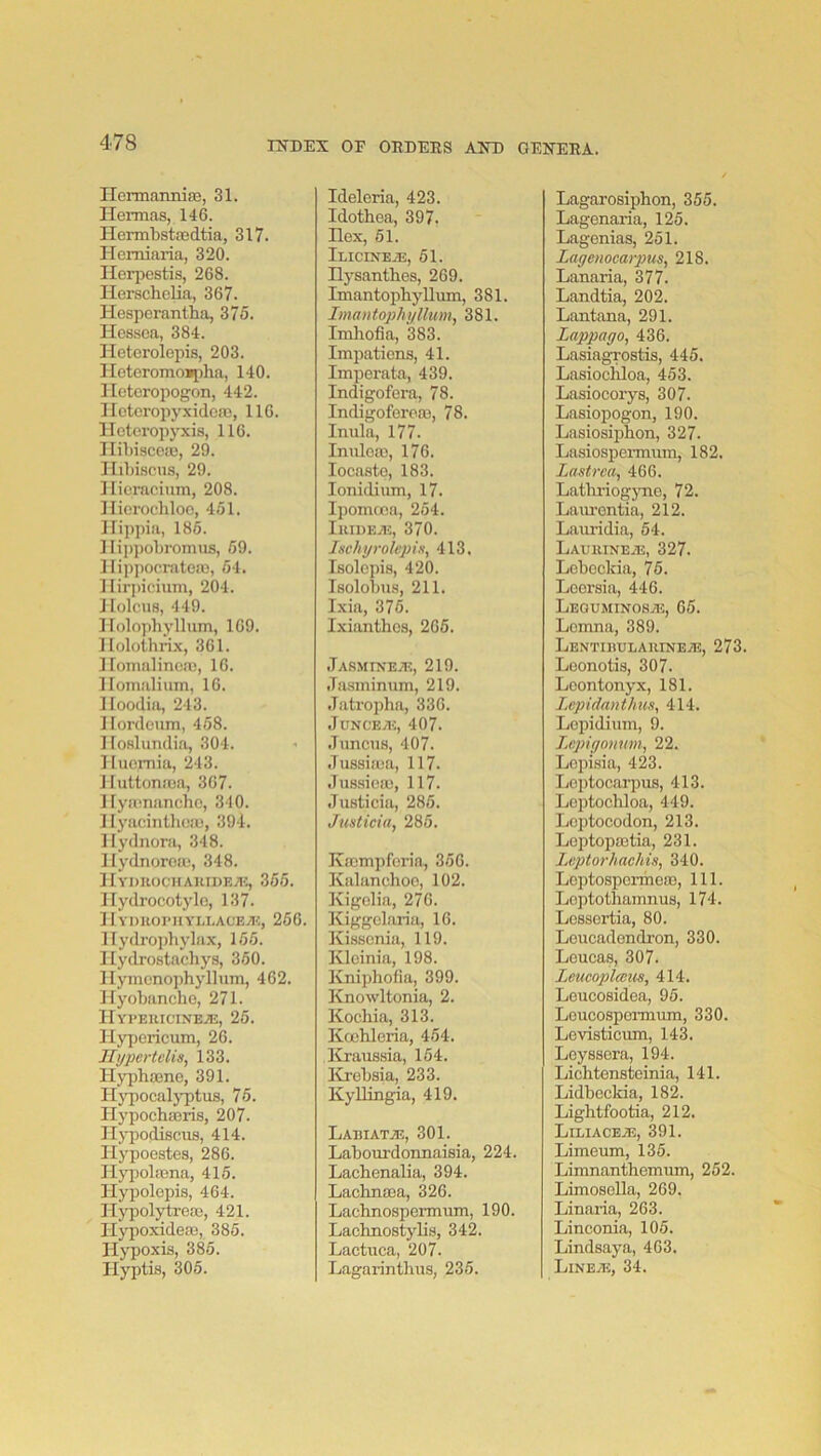 Ilcrmanniaj, 31. Hennas, 146. Hennbstaedtia, 317. Hemiaria, 320. Ilerpestis, 268. Herschclia, 367. Hesperantha, 375. Hessca, 384. Hetorolepis, 203. Hetoromoiliha, 140. Hetcropogon, 442. lletcropyxidcaj, 116. Hotcropyxis, 116. Ilibiscete, 29. Hibiscus, 29. Hicracium, 208. Hiorochloo, 451. Hijipia, 186. Hiiipobromus, 69. Hippocratein, 64. Hirpicium, 204. Holcus, 449. 11 olophyllum, 169. Hololhrix, 361. Homalincnj, 16. Homaliiim, 16. Iloodia, 243. Hordoum, 468. Iloslundia, 304. Iluornia, 243. Huitonica, 367. Hyamancho, 340. Hyacinthoai, 394. Hydnora, 348. llydnorou*, 348. Hydhochakideti:, 365. Hydrocotylc, 137. HYDKorHYi.i.ACE^';, 266. Hydropbylax, 166. Hydrostachys, 360. Hymcnophyllum, 462. Hyobanche, 271. Hypeiucine.®, 25. Hypericum, 26. JI>j2)ertclis, 133. Hj-jihaenc, 391. HjqiocaljTitus, 76. Ilypochairis, 207. Ilj'podiscus, 414. Hypoestes, 286. Hyiiolacna, 415. Hypolepis, 464. IIj'polytrea3, 421. Hypoxideas, 385. Hypoxis, 385. Hyptis, 305. Ideleria, 423. Idothea, 397. Hex, 51. Ilicineje, 61. Hysantbes, 269. Imantophyllum, 381. Imantophyllum, 381. Imliofia, 383. Impatiens, 41. Imperatn, 439. Indigofera, 78. Indigoferoai, 78. Inula, 177. Inulem, 176. loeaste, 183. lonidium, 17. Ipomcca, 254. IlUDEAC, 370. Jschyrolepi.% 413. Isolepis, 420. Isolobus, 211. Ixia, 376. Ixianthcs, 265. Jasminevt:, 219. .Tasminum, 219. Jatropha, 336. JUNCE/E, 407. Juncus, 407. Jussiiea, 117. Jus.sieaa, 117. Justicia, 286. Justicia, 285. Kicmpferia, 356. Kalanchoe, 102. Kigelia, 276. Kiggelaria, 16. Kisscnia, 119. Kleinia, 198. Kniphofia, 399. Knowltonia, 2. Kocliia, 313. Koehleria, 464. ICraussia, 164. lirebsia, 233. Kyllingia, 419. Labiatje, 301. Laboui’donnaisia, 224. Lacbenalia, 394. Lacbnaja, 326. Lacbnospermum, 190. Lacbnostyb.s, 342. Lactuca, 207. Lagarintbus, 236. Lagarosipbon, 355. Lagenaria, 125. Lagenias, 251. Layenocarpus, 218. Lanaria, 377. Landtia, 202. Lantana, 291. Lappago, 436. Lasiagrostis, 445. Lasiocbloa, 453. Lasiocorys, 307. Lasiopogon, 190. Lasiosipbon, 327. Lasiospennum, 182. Lastrca, 466. Latlu'iogyno, 72. Laiu’ontia, 212. Lauridia, 54. LAUIlINEiE, 327. Lebeckia, 75. Leersia, 446. Leguminosje, 65. Lomna, 389. Lentihulaiune.;e, 273. Leonotis, 307. Leontonyx, 181. lepidantJms, 414. Lepidium, 9. Lcpigontim, 22. Lopisia, 423. Loptocarpus, 413. Le2)tocliloa, 449. Loptocodon, 213. Loptopaslia, 231. Leptorhachis, 340. Leptospenheae, 111. Loptothamnus, 174. Lessertia, 80. Leucadendron, 330. Leucas, 307. Leucoplceus, 414. Leucosidea, 95. Leucospennum, 330. Levisticum, 143. Leyssera, 194. Licbtensteinia, 141. Lidbeckia, 182. Lightfootia, 212. LiliaCEJ3, 391. Limeum, 136. Limnantbemum, 252. Limosella, 269. Linaria, 263. Linconia, 105. Lindsaya, 463. Linejk, 34.