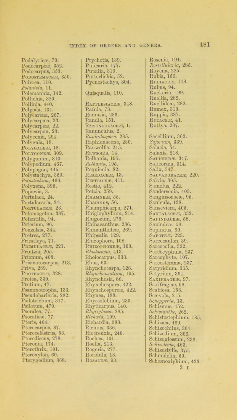 PodaljTiea), 70. Podocai-pea3, 352. Podocarpiis, 353. PoDOSTEMACEJE, 350. Poivrea, 110. Tolamsia, 11. Polemannia, 142. Pollichia, 320. PoUinia, 440. Polpoda, 134. Polycarena, 267. Polycarpasa, 23. PolycarpesB, 22. Polycarpon, 23. Polycenia, 294. Polygala, 18. Polygalea:, 18. PoLYGONEiE, 309. Polygonum, 310. Polypodium, 467. Polypogon, 445. ' Polystachya, 359. Polystichum, 466. Polyxena, 395. Popo^da, 3. Portulaca, 24. Portulacaria, 24. Poetllacea:, 23. Potamogeton, 387. Potentilla, 94. Poterium, 96. Pouzolsia, 344. Pretrea, 277. Priestleya, 71. Piumvlacea:, 221. Printzia, 205. Prionum, 408. Prismatocarpus, 213. Priva, 289. Pkoteaceai, 328. Protea, 330. Protium, 47. Psammotropha, 133. Pseudobarloria, 282. Psilotrichum, 317. Psilotum, 470. Psoralea, 77. Psoralie®, 77. Pteris, 464. PterocarpuB, 87. Pterocelastrua, 53. Pterodiscua, 278. Pteronia, 174. Pterothrix, 191. Ptoroxylon, 60. Pterygodium, 368. Ptychotis, 139. Pulicaria, 177. Pupalia, 319. PutterHcliia, 62. Pycnostacliys, 304. Quisqualis, 110. EAPPLESIACEiE, 348. Rafhia, 73. Eamusia, 286. Eandia, 151. Eanunculacea:, 1. Eanunculus, 2. Raphidospora, 285. Eaphionacone, 230. Eauwolfia, 245. Eawsonia, 14. Eelhania, 195. Relhania, 195. Eequienia, 82. EbsedacejE, 13. EESTIACEiE, 411. Eostio, 412. Eetzia, 259. Ehamnea), 65. Eharonus, 66. Ehamphicarpa, 271. Ehigioj)liyllmn, 214. Rhigozum, 276. Ehinacanthus, 286. Ehinantliidese, 269. EhipsaHs, 129. Ehizophora, 108. Ehizophorea:, 108. Rhodocoma, 413. Ehoiocarpus, 333. Ehus, 63. Ehynchocarpa, 126. Rhynchopsidium, 195. Ehynchosia, 86. Ehynchospora, 422. Ehynchosporeoe, 422. EhjTiea, 188. Ehyssolobium, 239. Ehyticarpus, 140. Rhytiglossa, 285. Richceia, 109. Eichardja, 388. Eicinus, 336. Eiocreuxia, 240. Eochea, 101. Eoella, 213. Eogeria, 277. Eoridula, 18. Rosacea;, 93. Eosenia, 194. Rostellularia, 285. Royena, 225. Rubia, 156. RuniACEiE, 148. Eubus, 94. Euckeria, 199. Euellia, 282. Ruellideae, 282. Eumex, 310. Euppia, 387. RuTACEiE, 41. Euttya, 287. Saccidium, 362. Sajorium, 339. Salacia, 54. Salaxis, 218. Salicinea;, 347. Salicornia, 314. Salix, 347. Salvadoracea;, 220. Salvia, 305. Samolus, 222. Sandersonia, 403. Sanguisorbese, 95. Sanicula, 138. Sanseviera, 406. Santalacea:, 332. Sapindacea:, 58. Sapindeai, 58. Sapindus, 60. Sai'otea, 223. Sarcocaulon, 39. SarcocoUa, 322. Sarcbcyphula, 237. Sarcophyte, 107. Sarcostemma, 237. Satyridium, 365. Satyrium, 364. Saxipragea, 97. Saxifragese, 98. Scabiosa, 158. Scasvola, 215. Scheppm'ia, 13. Schismus, 462. Schistanthe, 262. Schistostepliium, 185. Schiza3a, 469. Schizochilus, 364. Schizodium, 366. Schizoglossum, 236. Schizolema, 463. Schizostylis, 376. Schmidelia, 69. Schccnoxiphium, 426. 2 I