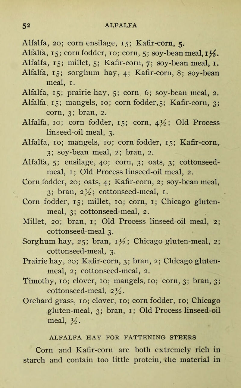 Alfalfa, 2o; corn ensilage, 15; Kafir-corn, 5. Alfalfa, 15; corn fodder, 10; corn, 5; soy-bean meal, i^. Alfalfa, 15; millet, 5; Kafir-corn, 7; soy-bean meal, i. Alfalfa, 15; sorghum hay, 4; Kafir-corn, 8; soy-bean meal, i. Alfalfa, 15; prairie hay, 5; corn 6; soy-bean meal, 2. Alfalfa, 15; mangels, 10; corn fodder,5; Kafir-corn, 3; corn, 3; bran, 2. Alfalfa, 10; corn fodder, 15; corn, 4)4; Old Process linseed-oil meal, 3. Alfalfa, 10; mangels, 10; corn fodder, 15; Kafir-corn, 3; soy-bean meal, 2; bran, 2. Alfalfa, 5; ensilage, 40; corn, 3; oats, 3; cottonseed- meal, i; Old Process linseed-oil meal, 2. Corn fodder, 20; oats, 4; Kafir-corn, 2; soy-bean meal, 3; bran, 2^; cottonseed-meal, i. Corn fodder, 15; millet, 10; corn, i; Chicago gluten- meal, 3; cottonseed-meal, 2. Millet, 20; bran, i; Old Process linseed-oil meal, 2; cottonseed-meal 3. Sorghum hay, 25; bran, i^; Chicago gluten-meal, 2; cottonseed-meal, 3. Prairie hay, 20; Kafir-corn, 3; bran, 2; Chicago gluten- meal, 2; cottonseed-meal, 2. Timothy, 10; clover, 10; mangels, 10; corn, 3; bran, 3; cottonseed-meal, 2j4. Orchard grass, 10; clover, 10; corn fodder, 10; Chicago gluten-meal, 3; bran, i; Old Process linseed-oil meal, alfalfa hay for fattening steers Corn and Kafir-corn are both extremely rich in starch and contain too little protein, the material in