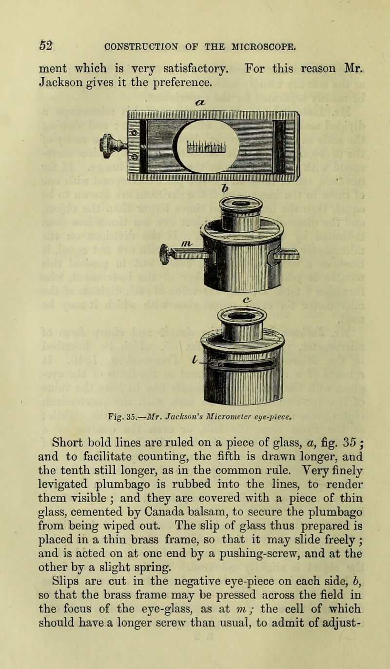 ment which is very satisfactory. For this reason Mr. Jackson gives it the preference. <x Fig. 35.—Mr. Jackson's Micrometer eye-piece. Short bold lines are ruled on a piece of glass, a, fig. 35; and to facilitate counting, the fifth is drawn longer, and the tenth still longer, as in the common rule. Very finely levigated plumbago is rubbed into the lines, to render them visible ; and they are covered with a piece of thin glass, cemented by Canada balsam, to secure the plumbago from being wiped out. The slip of glass thus prepared is placed in a thin brass frame, so that it may slide freely ; and is acted on at one end by a pushing-screw, and at the other by a slight spring. Slips are cut in the negative eye-piece on each side, b, so that the brass frame may be pressed across the field in the focus of the eye-glass, as at m; the cell of which should have a longer screw than usual, to admit of adjust-