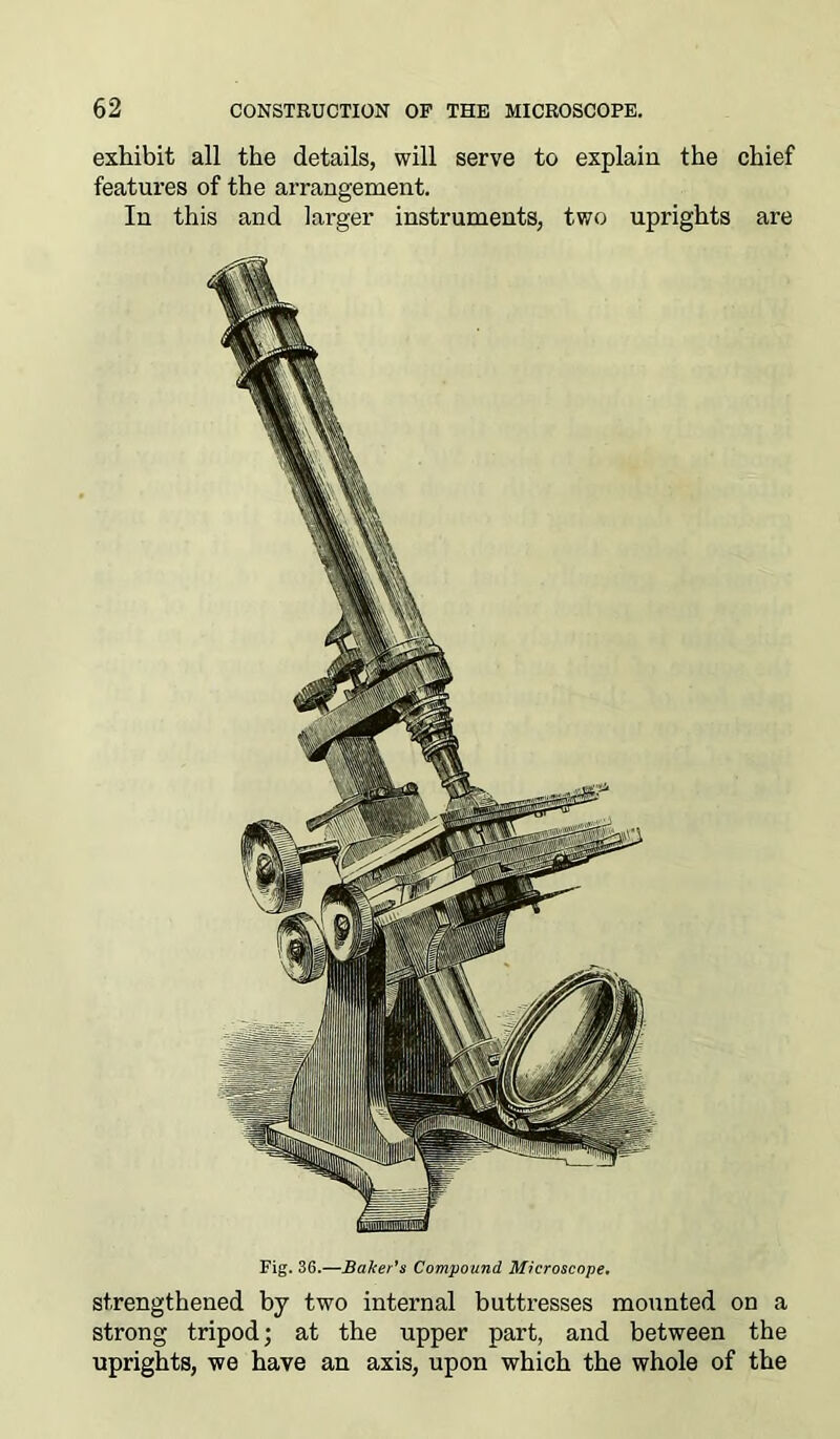 exhibit all the details, will serve to explain the chief features of the arrangement. In this and larger instruments, two uprights are Fig. 36.—Baker's Compound Microscope. strengthened by two internal buttresses mounted on a strong tripod; at the upper part, and between the uprights, we have an axis, upon which the whole of the