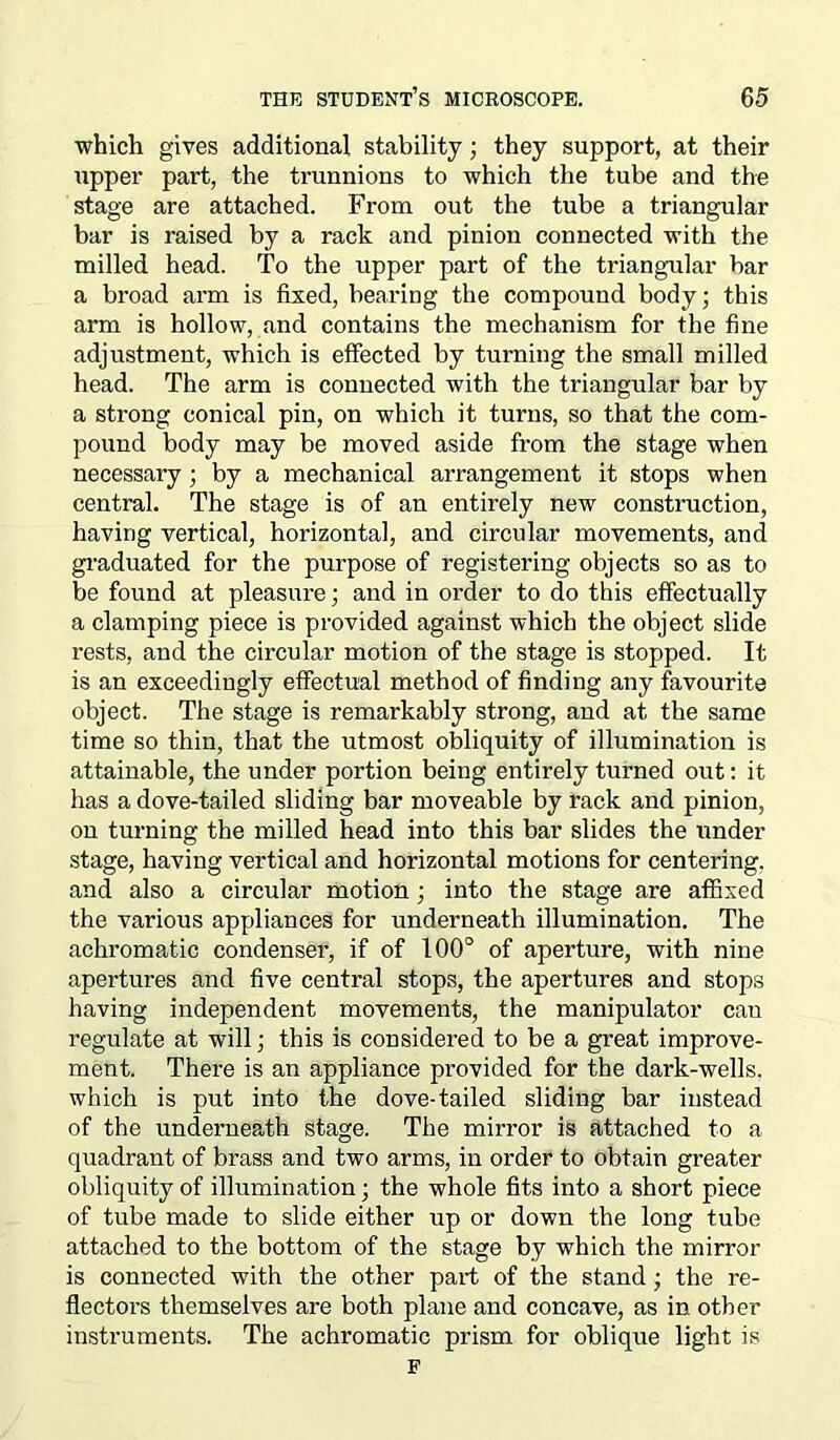 which gives additional stability; they support, at their upper part, the trunnions to which the tube and the stage are attached. From out the tube a triangular bar is raised by a rack and pinion connected with the milled head. To the upper part of the triangular bar a broad arm is fixed, bearing the compound body; this arm is hollow, and contains the mechanism for the fine adjustment, which is effected by turning the small milled head. The arm is connected with the triangular bar by a strong conical pin, on which it turns, so that the com- pound body may be moved aside from the stage when necessary; by a mechanical arrangement it stops when central. The stage is of an entirely new construction, having vertical, horizontal, and circular movements, and graduated for the purpose of registering objects so as to be found at pleasure; and in order to do this effectually a clamping piece is provided against which the object slide rests, and the circular motion of the stage is stopped. It is an exceedingly effectual method of finding any favourite object. The stage is remarkably strong, and at the same time so thin, that the utmost obliquity of illumination is attainable, the under portion being entirely turned out: it has a dove-tailed sliding bar moveable by rack and pinion, on turning the milled head into this bar slides the under stage, having vertical and horizontal motions for centering, and also a circular motion; into the stage are affixed the various appliances for underneath illumination. The achromatic condenser, if of 100° of aperture, with nine apertures and five central stops, the apertures and stops having independent movements, the manipulator can regulate at will; this is considered to be a great improve- ment. There is an appliance provided for the dark-wells, which is put into the dove-tailed sliding bar instead of the underneath stage. The mirror is attached to a quadrant of brass and two arms, in order to obtain greater obliquity of illumination; the whole fits into a short piece of tube made to slide either up or down the long tube attached to the bottom of the stage by which the mirror is connected with the other pai-t of the stand; the re- flectors themselves are both plane and concave, as in other instruments. The achromatic prism for oblique light is