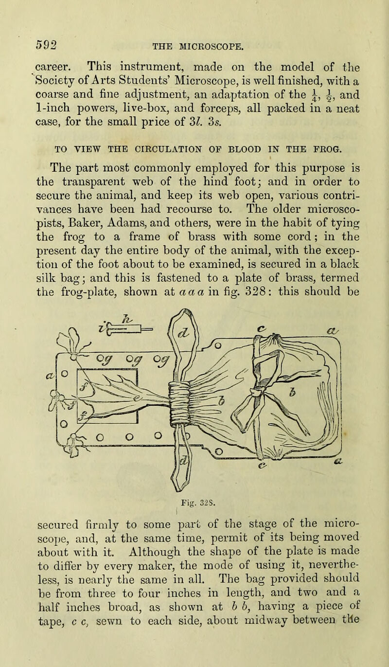 career. This instrument, made on the model of the Society of Arts Students’ Microscope, is well finished, with a coarse and fine adjustment, an adaptation of the t, and 1-inch powers, live-box, and forceps, all packed in a neat case, for the small price of 31. 3s. TO VIEW THE CIRCULATION OP BLOOD IN THE PROG. The part most commonly employed for this purpose is the transparent web of the hind foot; and in order to secure the animal, and keep its web open, various contri- vances have been had recourse to. The older microsco- pists, Baker, Adams, and others, were in the habit of tying the frog to a frame of brass with some cord; in the present day the entire body of the animal, with the excep- tion of the foot about to be examined, is secured in a black silk bag; and this is fastened to a plate of brass, termed the frog-plate, shown ataaainfig. 328: this should be Fig. 32 s. secured firmly to some part of the stage of the micro- scope, and, at the same time, permit of its being moved about with it. Although the shape of the plate is made to differ by every maker, the mode of using it, neverthe- less, is nearly the same in all. The bag provided should be from three to four inches in length, aud two and a half inches broad, as shown at b b, having a piece of tape, c c, sewn to each side, about midway between the