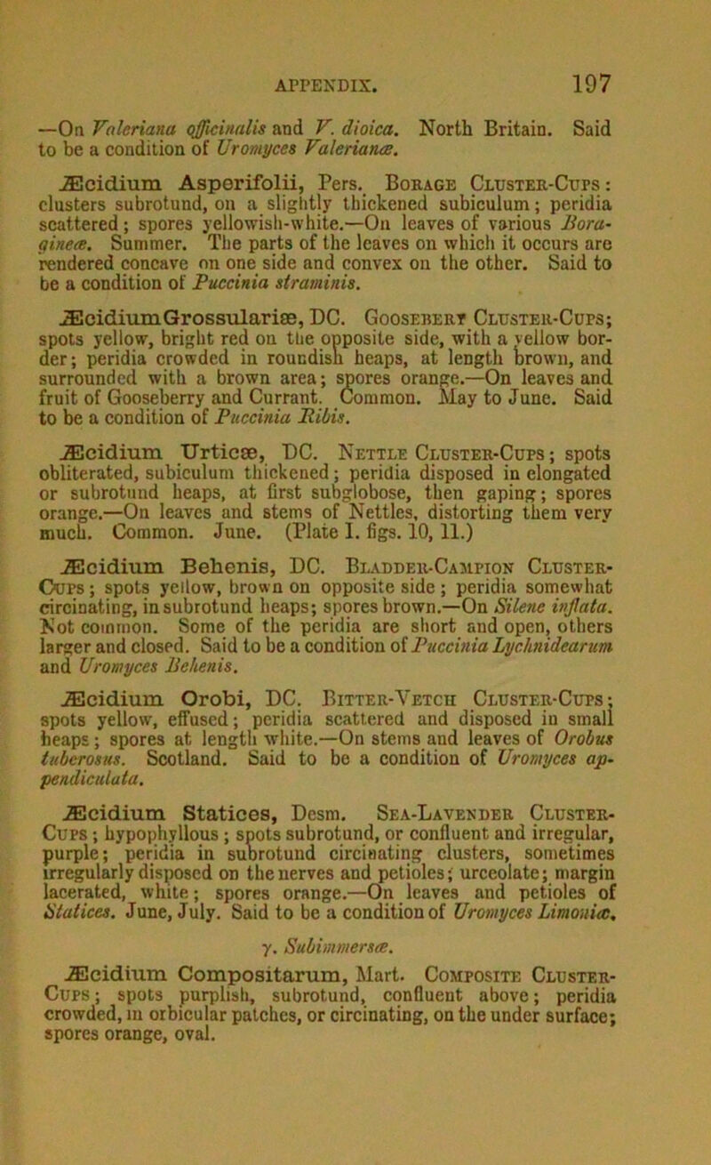—On Valeriana qjjkinalis and V. dioica. North Britain. Said to be a condition of Uromyces ValeriatuB. JlJcidium Asperifolii, Pers. Bokage Cluster-Cups : clusters subrotund, on a slightly thickened subiculum; peridia scattered; spores yellowish-white.—On leaves of various Bora- gineee. Summer. The parts of the leaves on which it occurs are rendered concave on one side and convex on the other. Said to be a condition of Puccinia straminia. .EcidiumGrossularise, DC. Gooseisert Cluster-Cups; spots yellow, bright red on the opposite side, with a vellow bor- der; peridia crowded in roundish heaps, at length brown, and surrounded with a brown area; spores orange.—On leaves and fruit of Gooseberry and Currant. Common. May to June. Said to be a condition of Puccinia JRibis. ^cidium Urticse, DC. Nettle Cluster-Cups ; spots obliterated, subiculum thickened; peridia disposed in elongated or subrotund heaps, at first subglobose, then gaping; spores orange.—On leaves and stems of Nettles, distorting them very much. Common. June. (Plate I. figs. 10, 11.) jEcidium Behenis, DC. Blauder-Campion Cluster- Oops; spots yellow, brown on opposite side ; peridia somewhat circinating, in subrotund heaps; spores brown.—On Silene ivfata. Not common. Some of the peridia are short and open, others larger and closed. Said to be a condition of Puccinia Lychnidearum and Uromycea Behenia. ..Slcidium Orobi, DC. Bitter-Vetch Cluster-Cups; spots yellow, effused; peridia scattered and disposed in small heaps; spores at length white.—On stems and leaves of Orohua tuberoaua. Scotland. Said to be a condition of Uromycea ap- pendictclaia, ^cidium Statices, Desm. Sea-Lavender Cluster- Cups ; hypophyllous; spots subrotund, or confluent and irregular, purple; peridia in subrotund circinating clusters, sometimes irregularly disposed on the nerves and petioles J urceolate; margin lacerated, white; spores orange.—On leaves and petioles of Utaticea. June, July. Said to be a condition of Uromycea Limonia, y. Subimmera<B. .fficidium Compositarum, Mart. Composite Cluster- Cups ; spots purplish, subrotund, confluent above; peridia crowded, m orbicular patches, or circinating, on the under surface; spores orange, oval.