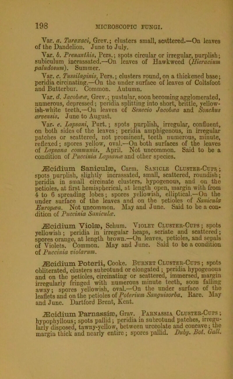 Var. a. Taraxaci, Grev.; clusters small, scattered.—On leaves of the Dandelion. June to July. Var. b. Prenanthis, Pers.; spots cireular or irregular, purplish; subiculum inerassated.—On leaves of Dawkweed {Uieracium paludostm). Summer. Var. c. Tussilaginis. Pers.; elusters round,on a thickened base; peridia eircinating.—On the under surfaee of leaves of Coltsfoot and Butterbur. C!ommon. Autumn. Var.«?. JacobtFa, Grev.; pustular, soon becoming agglomerated, numerous, depressed; ncrioia splitting into short, brittle, vellow- ish-white teeth.—On leaves of Senecio Jacobaa and Sonchus arvensis, June to August. Var. e. Lapsani, Purt.; spots purplish, irregular, confluent, on both sides of the leaves; peridia amphigenous, in irregular patches or scattered, not prominent, teeth numerous, minute, rellcxed; spores yellow, oval.—On both surfaces of the leaves of Lnpsana communis. April. Not uncommon. Said to be a condition of Puccinia Lapsanee and other species. .fflcidium SaniculiB, Carm. Sanicle Clustee-Cpps, ; spots purplish, slightly inerassated, small, scattered, roundish; peridia in small circinate clusters, hypogenous, and on the petioles, at first hemispherical, at leimth open, margin with from 4 to 0 spreading lobes; spores yellowish, elliptical.—On the under surface of the leaves and on the petioles of Sanicula Europesa. Not uncommon. May and June. Said to be a con- dition of Puccinia Sanicula. iElcidium Violse, Sebum. Violet Cluster-Cups ; spots yellowish; peridia in irregular heaps, seriate and scattered; spores orange, at length brown.—On leaves, petioles, and sepals of Violets. Common. May and June. Said to be a condition of Puccinia violarum. JElcidium Poterii, Cooke. Bl-rnet Cluster-Cups ; spots obliterated, clusters subrotund or elongated ; peridia hypogenous and on the petioles, eircinating or scattered, immersed, margin irregularly fringed with numerous minute teeth, soon falling away; spores yellowish, oval.—On the under surface of the leaflets and on the petioles of Poterium Sanguisorba. Bare. May and June. Dartford Brent, Kent. jEcidium ParnassitB, Grav. Parnassia Cluster-Cups ; hypopbyllous; spots pallid; peridia in subrotund patches, irregu- larly disposed, tawny-yellow, between urceolate and concave; the margin thick and nearly entire; spores pallid. Duby. Bot. Gall.