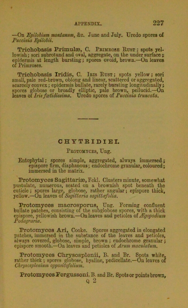 —On Epilodium noaiamm, &c. June and July. Uredo spores of Puccinia Epiiobii. Triohobasis Primulae, C. Pkimrose Rust ; spots yel- lowish; sori subrotund and oval, aggregate, on the undersurface ; epidermis at length bursting; spores ovoid, brown.—On leaves of Primroses. Trichobasia Iridis, C. Ibis Rust ; spots yellow; sori small, pale red-brown, oblong and linear, scattered or aggregated, scarcely convex; epidermis bullate, rarely bursting longitudinally; spores globose or broadly elliptic, pale brovpii, pellucid.—On leaves of Iris fodiUssima. Uredo spores of Puccinia truncata. CHYTRIDIEI. Peotomtces, Ung. Entophytal; spores simple, aggregated, always immersed; epispore firm, diaphanous; endochrome granular, coloured; immersed in the matrix. Protomyces Sagittariee, Pckl. Clusters minute, somewhat pustulate, numerous, seated on a brownish spot beneath the cuticle; spores large, globose, rather angular; epispore thick, yellow.—On leaves of Sagittaria sagittafolia. Protomyces maerosporus, Ung. Forming confluent bullate patches, consisting of the subglobose spores, with a thick ^ispore, yellowish brown.—On leaves and petioles of PEg<^odium Podagrana. Protomycos Ari, Cooke. Spores aggregated in elongated patches, immersed in the substance of the leaves and petioles, always covered, globose, simple, brown ; endochrome granular; epispore smooth.—On leaves and petioles of Arum maculatum. Protomyces Chrysosplenii, B. and Br. ^ots white, rather thick ; spores globose, hyaline, pedicellate.—On leaves or Chrysosplenium oppositofolium. Protomyces Forgussoni, B. and Br. Spots or points brown, Q 2