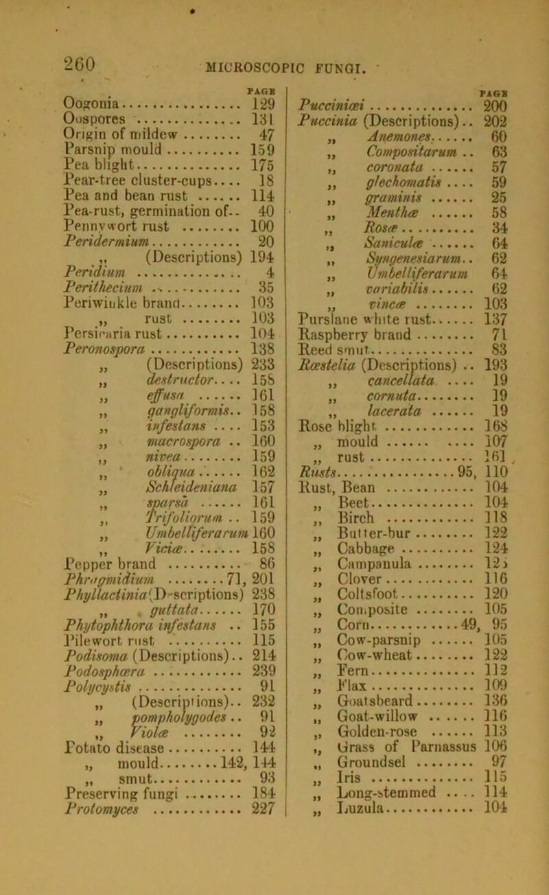 PAGB Oogonia 129 Oospores 131 Origin of mildew 47 Parsnip mould 139 Pea blight 175 Pear-tree cl uster-cu ps.... 18 Pea and bean rust 114 Pea-rust, germination of-- 40 Pennywort rust 100 Feridermium 20 „ (Descriptions) 194 Feridium 4 Feritheeium 35 Periwinkle brand 103 „ rust 103 Persiearia rust 104 Feronospora 138 (Descriptions) 233 dent motor.... 158 effum 161 gangliformis.. 158 infestans .... 153 macrospora .. 160 nivea 159 ' ohliqua 162 Schteideniana l57 sparsa 161 Trifoliorum .. 159 Umbelly'erarum 160 Vinice 158 Pepper brand 86 Fhritgmidium 71,201 Fhgllactinia[D-scT\gt\ons) 238 „ , guttata 170 Fhytophthoru in/estans .. 155 Pilewort rust 115 PorfwoOTa (Descriptions).. 214 Fodosphoera 239 Folycydis 91 „ (Descripiions).. 232 „ pompholygodes .. 91 Violre 9-2 Potato disease 14-4 „ mould 142,144 „ smut 93 Preserving fungi 184 Frotomyces 227 Fuccinicei PA6B 200 Fuccinia (Descriptions).. 202 Anemones 60 it Compositarum .. 63 coronata 57 a gtechomatis .... 59 graminis 25 Menthee 58 Foste 34 Saniculee 64 Syngenesiarum.. 62 Vmbelliferarum 64 variabilis 62 vineee 103 Purslane white rust 137 Raspberry brand 71 Reed smut 83 Roestelia (Descriptions) .. cancellata .... 193 19 cornuta 19 lacerala 19 Rose blip rht 168 „ mould 107 rust 161 , Rusts ..95, no Rust, Bean .... 104 Beet .... 104 Birch .... 118 Bulier-bur .... 122 Cabbage .... 124 Campanula .... .... 12i Clover .... 116 Coltsfoot .... 120 Coniposite .... .... 105 Corn ..49, 95 Cow-parsnip . .... 105 Cow-wheat .... 122 Pern .... 112 Plax .... 109 Goatsbeard.... .... 136 Goat-willow .. .. .. 116 Golden-rose . .... 113 Grass of Parnassus 106 Groundsel .... .... 97 Iris .... 115 Long-stemmed .. .. 114 Luzula .... 10-4