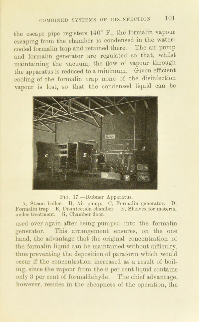 the escape pipe registers 140“ F., the formaÜn vapour escaping froni the chainber is Condensed in the water- cooled forinalin trap and retained there. The air pump and forinalin generator are regulated so that, whilst inaintaining the vacuum, the flow of vapour through the apparatus is rediiced to a minimum. Given etficient cooling of the forinalin trap none of the disinfection vapour is lost, so that the Condensed liquid can be Fici. 17.—Rubner Apparatus. A, Steam Vjoiler. B, Air pump. C, Formalin generator. D, Formalin trap. K, Disinfection chamber. F, Shelves for material linder treatment. G, Chamber door. used over again after being pumped into the formalin generator. This arrangement ensures, on the one hand, the advantage that the original concentration of the formalin liquid can be maintained without difliculty, thus preventing the deposition of parafonn which would occur if the concentration increased as a result of boil- ing, since the vapour from the 8 per cent liquid contains only 8 per cent of formaldehyde. The chief advantage, however, resides in the cheaimess of the Operation, the