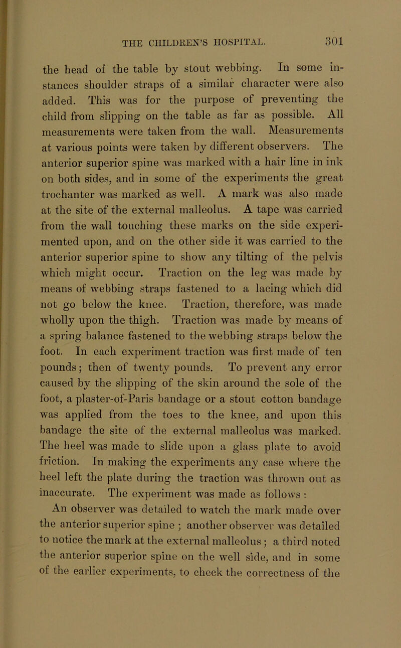 the head of the table by stout webbing. In some in- stances shoulder straps of a similar character were also added. This was for the purpose of preventing the child from slipping on the table as far as possible. All measurements were taken from the wall. Measurements at various points were taken by different observers. The anterior superior spine was marked with a hair line in ink on both sides, and in some of the experiments the great trochanter was marked as well. A mark was also made at the site of the external malleolus. A tape was carried from the wall touching these marks on the side experi- mented upon, and on the other side it was carried to the anterior superior spine to show any tilting of the pelvis which might occur. Traction on the leg was made by means of webbing straps fastened to a lacing which did not go below the knee. Traction, therefore, was made wholly upon the thigh. Traction was made by means of a spring balance fastened to the webbing straps below the foot. In each experiment traction was first made of ten pounds; then of twenty pounds. To prevent any error caused by the slipping of the skin around the sole of the foot, a plaster-of-Paris bandage or a stout cotton bandage was applied from the toes to the knee, and upon this bandage the site of the external malleolus was marked. The heel was made to slide upon a glass plate to avoid friction. In making the experiments any case where the heel left the plate during the traction was thrown out as inaccurate. The experiment was made as follows : An observer was detailed to watch the mark made over the anterior superior spine ; another observer was detailed to notice the mark at the external malleolus ; a third noted the anterior superior spine on the well side, and in some of the earlier experiments, to check the correctness of the