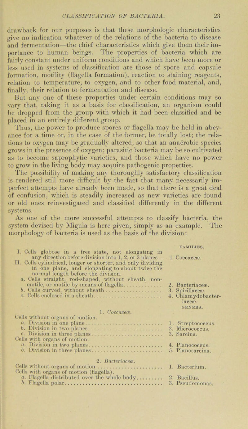 drawback for our purposes is that these morphologic characteristics irive no indication whatever of the relations of the bacteria to disease o and fermentation—the chief characteristics which give them their im- portance to human beings. The properties of bacteria which are fairly constant under uniform conditions and which have been more or less used in systems of classification are those of spore and capsule formation, motility (flagella formation), reaction to staining reagents, relation to temperature, to oxygen, and to other food material, and, finally, their relation to fermentation and disease. But any one of these properties under certain conditions may so vary that, taking it as a basis for classification, an organism could be dropped from the group with which it had been classified and be placed in an entirely different group. Thus, the power to produce spores or flagella may be held in abey- ance for a time or, in the case of the former, be totally lost; the rela- tions to oxygen may be gradually altered, so that an anaerobic species grows in the presence of oxygen; parasitic bacteria may be so cultivated as to become saprophytic varieties, and those which have no power to grow in the living body may accpiire pathogenic properties. The possibility of making any thoroughly satisfactory classification is rendered still more difficult by the fact that many necessarily im- perfect attempts have already been made, so that there is a great deal of confusion, which is steadily increased as new varieties are found or old ones reinvestigated and classified differently in the different systems. As one of the more successful attempts to classify bacteria, the system devised by Migula is here given, simply as an example. The morphology of bacteria is used as the basis of the division: I. Cells globose in a free state, not elongating in any direction before division into 1, 2, or 3 planes. . II. Cells cylindrical, longer or shorter, and only dividing in one plane, and elongating to about twice the normal length before the division. a. Cells straight, rod-shaped, without sheath, non- motile, or motile by means of flagella b. Cells curved, without sheath c. Cells enclosed in a sheath 1. Coccacece. Cells without organs of motion. a. Division in one plane b. Division in two planes c. Division in three planes Cells with organs of motion. a. Division in two planes b. Division in three planes FAMILIES. 1. Coccaceae. 2. Bacteriaceae. 3. Spirillaceae. 4. Chlamydobacter- iacese. GENERA. 1. Streptococcus. 2. Micrococcus. 3. Sarcina. 4. Planococcus. 5. Planosarcina. 2. Bacteriacece. Cells without organs of motion 1. Bacterium. Cells with organs of motion (flagella). a. Flagella distributed over the whole body 2. Bacillus. b. Flagella polar 3. Pseudomonas.