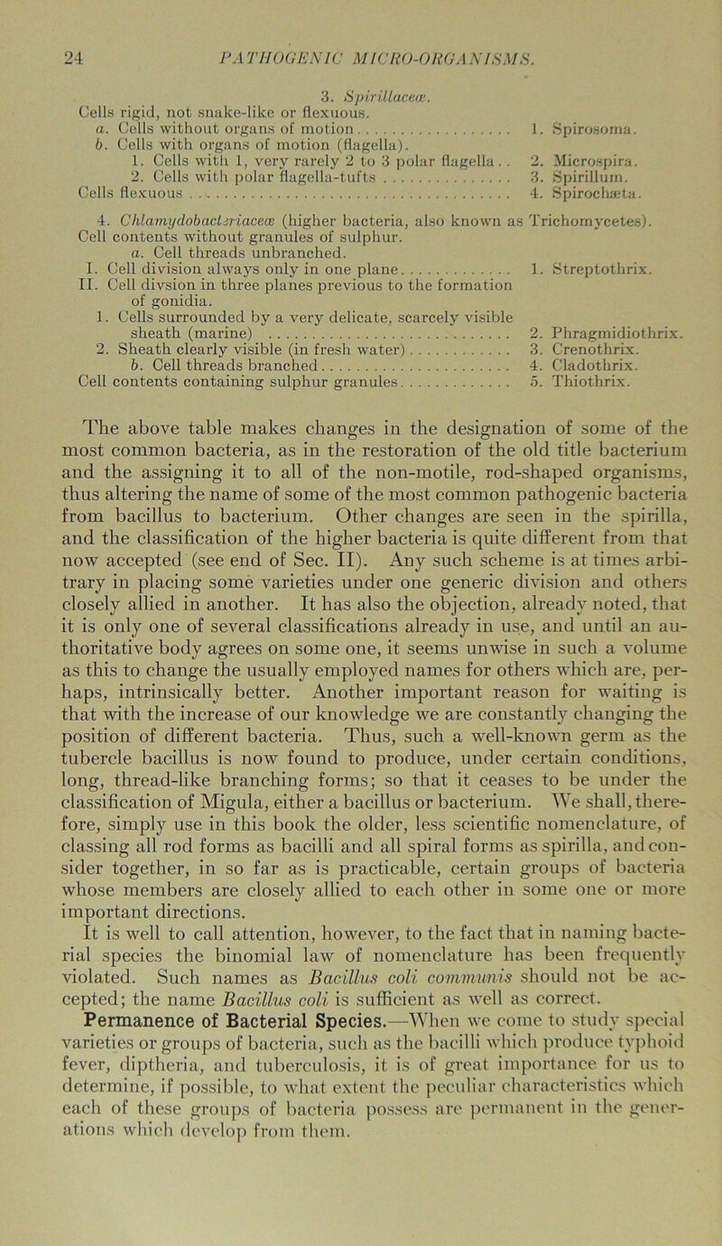 3. Spirillacece. Cells rigid, not snake-like or flexuous. a. Cells without organs of motion 1. Spirosoma. b. Cells with organs of motion (flagella). 1. Cells with 1, very rarely 2 to 3 polar flagella. . 2. Microspira. 2. Cells with polar flagclla-tufts 3. Spirillum. Cells flexuous . 4. Spirochaeta. 4. Chlamydobacliriaceoe (higher bacteria, also known as Trichomycetes). Cell contents without granules of sulphur. a. Cell threads unbranched. I. Cell division always only in one plane 1. Streptothrix. II. Cell divsion in three planes previous to the formation of gonidia. 1. Cells surrounded by a very delicate, scarcely visible sheath (marine) 2. Phragmidiothrix. 2. Sheath clearly visible (in fresh water) 3. Crenothrix. b. Cell threads branched 4. Cladothrix. Cell contents containing sulphur granules 5. Thiothrix. The above table makes changes in the designation of some of the most common bacteria, as in the restoration of the old title bacterium and the assigning it to all of the non-motile, rod-shaped organisms, thus altering the name of some of the most common pathogenic bacteria from bacillus to bacterium. Other changes are seen in the spirilla, and the classification of the higher bacteria is quite different from that now accepted (see end of Sec. II). Any such scheme is at times arbi- trary in placing some varieties under one generic division and others closely allied in another. It has also the objection, already noted, that it is only one of several classifications already in use, and until an au- thoritative body agrees on some one, it seems unwise in such a volume as this to change the usually employed names for others which are, per- haps, intrinsically better. Another important reason for waiting is that with the increase of our knowledge we are constantly changing the position of different bacteria. Thus, such a well-known germ as the tubercle bacillus is now found to produce, under certain conditions, long, thread-like branching forms; so that it ceases to be under the classification of Migula, either a bacillus or bacterium. We shall, there- fore, simply use in this book the older, less scientific nomenclature, of classing all rod forms as bacilli and all spiral forms as spirilla, and con- sider together, in so far as is practicable, certain groups of bacteria whose members are closely allied to each other in some one or more important directions. It is well to call attention, however, to the fact that in naming bacte- rial species the binomial law of nomenclature has been frequently violated. Such names as Bacillus coli communis should not be ac- cepted; the name Bacillus coli is sufficient as well as correct. Permanence of Bacterial Species.—When we come to study special varieties or groups of bacteria, such as the bacilli which produce typhoid fever, diptheria, and tuberculosis, it is of great importance for us to determine, if possible, to what extent the peculiar characteristics which each of these groups of bacteria possess are permanent in the gener- ations which develop from them.