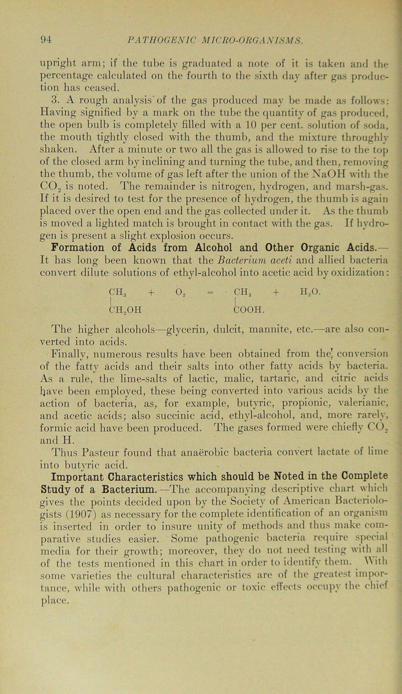 upright arm; if tlie tube is graduated a note of it is taken and the percentage calculated on the fourth to the sixth day after gas produc- tion has ceased. 3. A rough analysis'of the gas produced may be made as follows: Having signified by a mark on the tube the quantity of gas produced, the open bulb is completely filled with a 10 per cent, solution of soda, the mouth tightly closed with the thumb, and the mixture throughly shaken. After a minute or two all the gas is allowed to rise to the top of the closed arm by inclining and turning the tube, and then, removing the thumb, the volume of gas left after the union of the NaOH with the CO, is noted. The remainder is nitrogen, hydrogen, and marsh-gas. If it is desired to test for the presence of hydrogen, the thumb is again placed over the open end and the gas collected under it. As the thumb is moved a lighted match is brought in contact with the gas. If hydro- gen is present a slight explosion occurs. Formation of Acids from Alcohol and Other Organic Acids.— It has long been known that the Bacterium aceti and allied bacteria convert dilute solutions of ethyl-alcohol into acetic acid by oxidization: CH3 + O, = CH3 + H„0. I I ch2oh cooh. The higher alcohols—glycerin, dulcit, mannite, etc.—are also con- verted into acids. Finally, numerous results have been obtained from the) conversion of the fatty acids and their salts into other fatty acids by bacteria. As a rule, the lime-salts of lactic, malic, tartaric, and citric acids have been employed, these being converted into various acids by the action of bacteria, as, for example, butyric, propionic, valerianic, and acetic acids; also succinic acid, ethyl-alcohol, and, more rarely, formic acid have been produced. The gases formed were chiefly CO, and Id. Thus Pasteur found that anaerobic bacteria convert lactate of lime into butyric acid. Important Characteristics which should be Noted in the Complete Study of a Bacterium.—The accompanying descriptive chart which gives the points decided upon by the Society of American Bacteriolo- gists (1907) as necessary for the complete identification of an organism is inserted in order to insure unity of methods and thus make com- parative studies easier. Some pathogenic bacteria require special media for their growth; moreover, they do not need testing with all of the tests mentioned in this chart in order to identify them. With some varieties the cultural characteristics are of the greatest impor- tance, while with others pathogenic or toxic effects occupy the chief place.