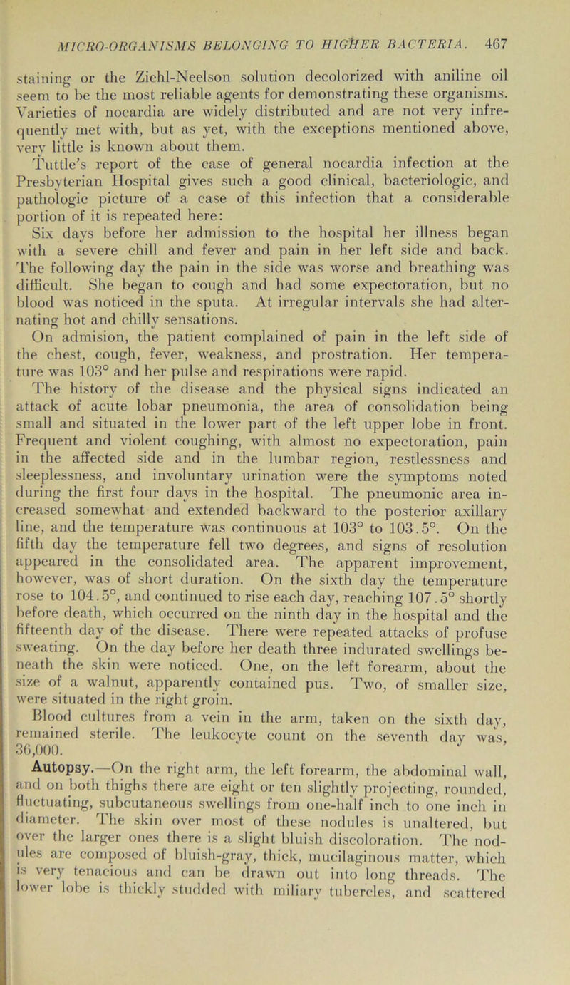 staining or the Ziehl-Neelson solution decolorized with aniline oil seem to be the most reliable agents for demonstrating these organisms. Varieties of nocardia are widely distributed and are not very infre- quently met with, but as yet, with the exceptions mentioned above, very little is known about them. Tuttle’s report of the case of general nocardia infection at the Presbyterian Hospital gives such a good clinical, bacteriologic, and pathologic picture of a case of this infection that a considerable portion of it is repeated here: Six days before her admission to the hospital her illness began with a severe chill and fever and pain in her left side and back. The following day the pain in the side was worse and breathing was difficult. She began to cough and had some expectoration, but no blood was noticed in the sputa. At irregular intervals she had alter- nating hot and chilly sensations. On admision, the patient complained of pain in the left side of the chest, cough, fever, weakness, and prostration. Her tempera- ture was 103° and her pulse and respirations were rapid. The history of the disease and the physical signs indicated an attack of acute lobar pneumonia, the area of consolidation being small and situated in the lower part of the left upper lobe in front. Frequent and violent coughing, with almost no expectoration, pain in the affected side and in the lumbar region, restlessness and sleeplessness, and involuntary urination were the symptoms noted during the first four days in the hospital. The pneumonic area in- creased somewhat and extended backward to the posterior axillary line, and the temperature Was continuous at 103° to 103.5°. On the fifth day the temperature fell two degrees, and signs of resolution appeared in the consolidated area. The apparent improvement, however, was of short duration. On the sixth day the temperature rose to 104.5°, and continued to rise each day, reaching 107.5° shortly before death, which occurred on the ninth day in the hospital and the fifteenth day of the disease. There were repeated attacks of profuse sweating. On the day before her death three indurated swellings be- neath the skin were noticed. One, on the left forearm, about the size of a walnut, apparently contained pus. Two, of smaller size, were situated in the right groin. Blood cultures from a vein in the arm, taken on the sixth day, remained sterile. The leukocyte count on the seventh day was 36,000. Autopsy.—On the right arm, the left forearm, the abdominal wall, and on both thighs there are eight or ten slightly projecting, rounded, fluctuating, subcutaneous swellings from one-half inch to one inch in diameter. The skin over most of these nodules is unaltered, but over the larger ones there is a slight bluish discoloration. The nod- ules are composed of bluish-gray, thick, mucilaginous matter, which is very tenacious and can be drawn out into long threads. The lower lobe is thickly studded with miliary tubercles, and scattered