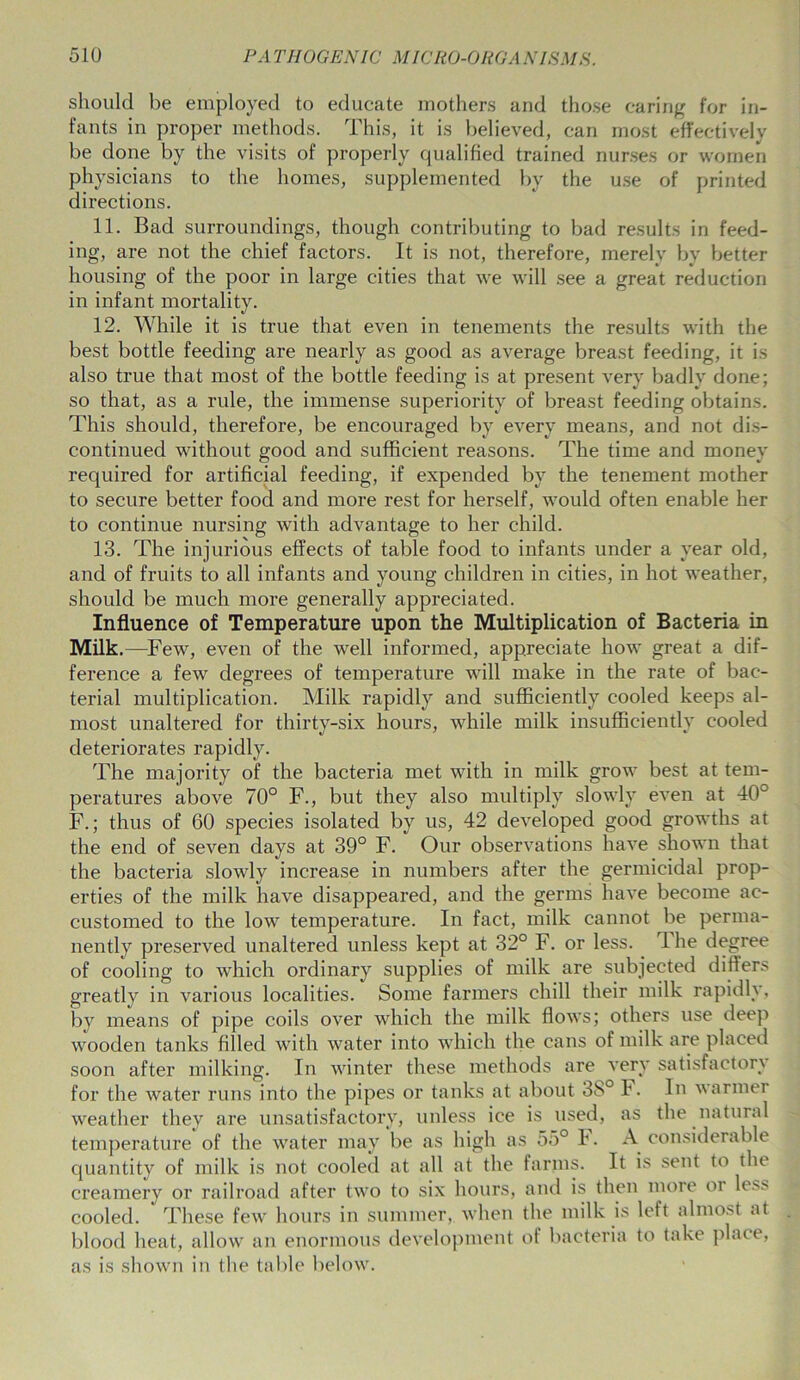 should be employed to educate mothers and those caring for in- fants in proper methods. This, it is believed, can most effectively be done by the visits of properly qualified trained nurses or women physicians to the homes, supplemented by the use of printed directions. 11. Bad surroundings, though contributing to bad results in feed- ing, are not the chief factors. It is not, therefore, merely by better housing of the poor in large cities that we will see a great reduction in infant mortality. 12. While it is true that even in tenements the results with the best bottle feeding are nearly as good as average breast feeding, it is also true that most of the bottle feeding is at present very badly done; so that, as a rule, the immense superiority of breast feeding obtains. This should, therefore, be encouraged by every means, and not dis- continued without good and sufficient reasons. The time and money required for artificial feeding, if expended by the tenement mother to secure better food and more rest for herself, would often enable her to continue nursing with advantage to her child. 13. The injurious effects of table food to infants under a year old, and of fruits to all infants and young children in cities, in hot weather, should be much more generally appreciated. Influence of Temperature upon the Multiplication of Bacteria in Milk.—Few, even of the well informed, appreciate how great a dif- ference a few degrees of temperature will make in the rate of bac- terial multiplication. Milk rapidly and sufficiently cooled keeps al- most unaltered for thirty-six hours, while milk insufficiently cooled deteriorates rapidly. The majority of the bacteria met with in milk grow best at tem- peratures above 70° F., but they also multiply slowly even at 40° F.; thus of 60 species isolated by us, 42 developed good growths at the end of seven days at 39° F. Our observations have shown that the bacteria slowly increase in numbers after the germicidal prop- erties of the milk have disappeared, and the germs have become ac- customed to the low temperature. In fact, milk cannot be perma- nently preserved unaltered unless kept at 32° F. or less, lhe degree of cooling to which ordinary supplies of milk are subjected differs greatly in various localities. Some farmers chill their milk rapidly, by means of pipe coils over which the milk flows; others use deep wooden tanks filled with water into which the cans of milk are placed soon after milking. In winter these methods are very satisfactory for the water runs into the pipes or tanks at about 38° F. In warmer weather they are unsatisfactory, unless ice is used, as the natural temperature of the water may be as high as 55° F. A considerable quantity of milk is not cooled at all at the farms. It is sent to the creamery or railroad after two to six hours, and is then more oi le.v^ cooled. These few hours in summer, when the milk is left almost at blood heat, allow an enormous development of bacteria to take pla(t, as is shown in the table below.