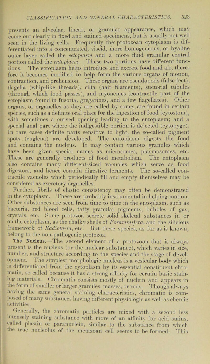 presents an alveolar, linear, or granular appearance, which may come out clearly in fixed and stained specimens, but is usually not well seen in the living cells. Frequently the’ protozoan cytoplasm is dif- ferentiated into a concentrated, viscid, more homogeneous, or hyaline outer layer called the ectoplasm and a more fluid granular central portion called the entoplasm. These two portions have different func- tions. The ectoplasm helps introduce and excrete food and air, there- fore it becomes modified to help form the various organs of motion, contraction, and prehension. These organs are pseudopods (false feet), flagella (whip-like threads), cilia (hair filaments), suctorial tubules (through which food passes), and myonemes (contractile part of the ectoplasm found in fusoria, gregarines, and a few flagellates). Other organs, or organelles as they are called by some, are found in certain species, such as a definite oral place for the ingestion of food (cytostom), with sometimes a curved opening leading to the entoplasm; and a special anal part where the indigestible portion is dejected (cytopvge). In rare cases definite parts sensitive to light, the so-called pigment spots (euglena) are developed. The entoplasm digests the food and contains the nucleus. It may contain various granules which have been given special names as microsomes, plasmosomes, etc. These are generally products of food metabolism. The entoplasm also contains many different-sized vacuoles which serve as food digestors, and hence contain digestive ferments. The so-called con- tractile vacuoles which periodically fill and empty themselves may be considered as excretory organelles. Further, fibrils of elastic consistency may often be demonstrated in the cytoplasm. These are probably instrumental in helping motion. Other substances are seen from time to time in the eptoplasm, such as bacteria, red blood cells, fatty granular pigments, bubbles of gas, crystals, etc. Some protozoa secrete solid skeletal substances in or on the ectoplasm, as the chalky shells of Foraminifera, and the silicious framework of Radiolaria, etc. But these species, as far as is known, belong to the non-pathogenic protozoa. The Nucleus.—The second element of a protozoon that is always present is the nucleus (or the nuclear substance), which varies in size, number, and structure according to the species and the stage of devel- opment. The simplest morphologic nucleus is a vesicular body which is differentiated from the cytoplasm by its essential constituent chro- matin, so called because it has a strong affinity for certain basic stain- ing materials. Chromatin consists mostly of nuclein and appears in the form of smaller or larger granules, masses, or rods. Though always having the same general staining characteristics, chromatin is com- posed of many substances having different physiologic as well as chemic activities. Generally, the chromatin particles are mixed with a second less intensely staining substance with more of an affinity for acid stains, called plastin or paranuclein, similar to the substance from which the true nucleolus of the metazoan cell seems to be formed. This