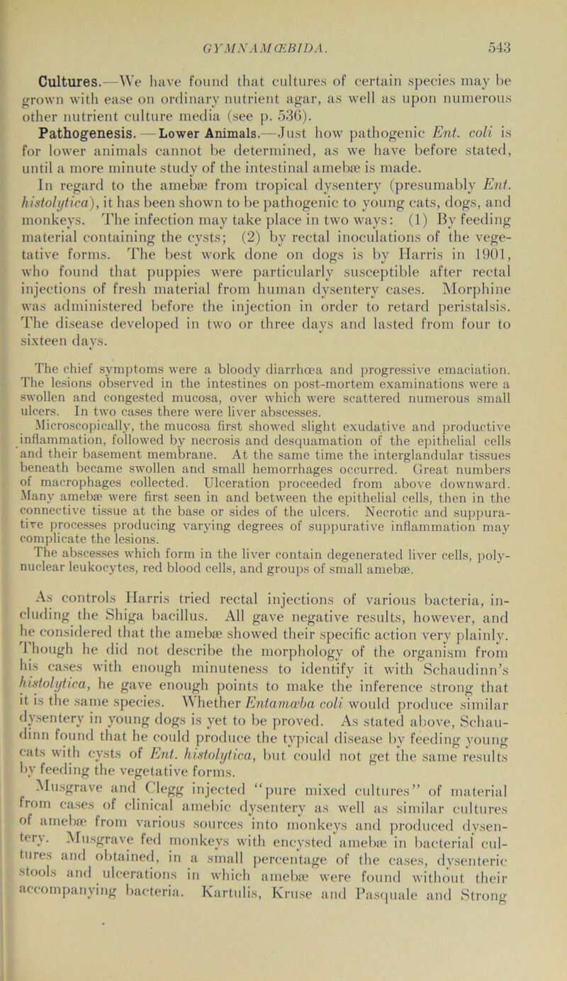 Cultures.—We have found that cultures of certain species may he grown with ease on ordinary nutrient agar, as well as upon numerous other nutrient culture media (see p. 536). Pathogenesis. — Lower Animals.—Just how pathogenic Ent. coli is for lower animals cannot be determined, as we have before stated, until a more minute study of the intestinal amebse is made. In regard to the amebse from tropical dysentery (presumably Ent. histolytica), it has been shown to be pathogenic to young cats, dogs, and monkeys. The infection may take place in two ways: (1) By feeding material containing the cysts; (2) by rectal inoculations of the vege- tative forms. The best work done on dogs is by Harris in 1901, who found that puppies were particularly susceptible after rectal injections of fresh material from human dysentery cases. Morphine was administered before the injection in order to retard peristalsis. The disease developed in two or three days and lasted from four to sixteen days. The chief symptoms were a bloody diarrhoea and progressive emaciation. The lesions observed in the intestines on post-mortem examinations were a swollen and congested mucosa, over which were scattered numerous small ulcers. In two cases there were liver abscesses. Microscopically, the mucosa first showed slight exudative and productive inflammation, followed by necrosis and desquamation of the epithelial cells and their basement membrane. At the same time the interglandular tissues beneath became swollen and small hemorrhages occurred. Great numbers of macrophages collected. Ulceration proceeded from above downward. Many amebse were first seen in and between the epithelial cells, then in the connective tissue at the base or sides of the ulcers. Necrotic and suppura- tive processes producing varying degrees of suppurative inflammation may complicate the lesions. The abscesses which form in the liver contain degenerated liver cells, poly- nuclear leukocytes, red blood cells, and groups of small amebse. As controls Harris tried rectal injections of various bacteria, in- cluding the Shiga bacillus. All gave negative results, however, and he considered that the amebse showed their specific action very plainlv. 1 hough he did not describe the morphology of the organism from his cases with enough minuteness to identify it with Schaudinn’s histolytica, he gave enough points to make the inference strong that it is the same species. Whether Entamoeba coli would produce similar dysentery in young dogs is yet to be proved. As stated above, Schau- dinn found that he could produce the typical disease by feeding young cats with cysts of Ent. histolytica, but could not get the same results by feeding the vegetative forms. Musgrave and Clegg injected “pure mixed cultures” of material from cases of clinical amebic dysentery as well as similar cultures of amebse from various sources into monkeys and produced dysen- tery. Musgrave fed monkeys with encysted amebse in bacterial cul- tures and obtained, in a small percentage of the cases, dysenteric stools and ulcerations in which amebse were found without their accompanying bacteria. Kartulis, Kruse and Pasquale and Strong
