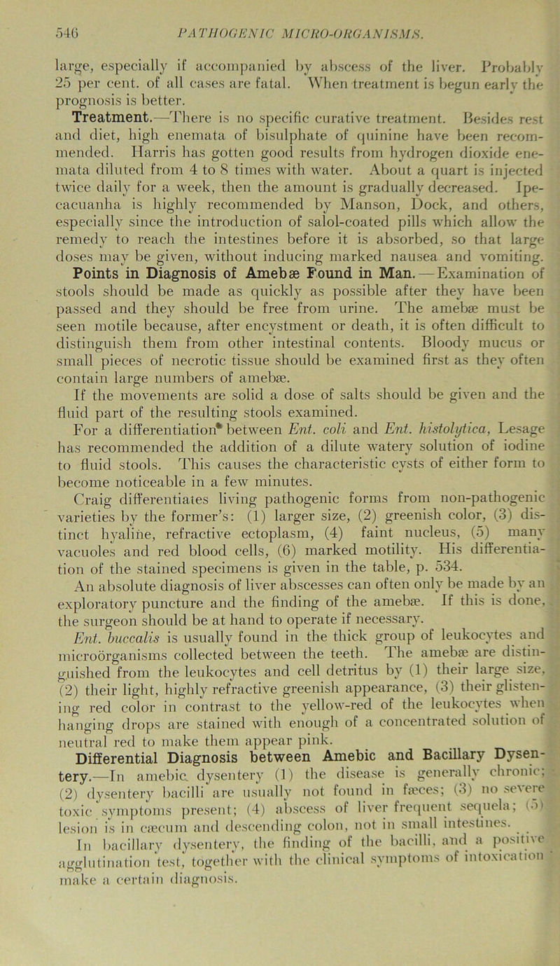 large, especially if accompanied by abscess of the liver. Probablv 25 per cent, of all cases are fatal. When treatment is begun earlv the prognosis is better. Treatment.—There is no specific curative treatment. Besides rest and diet, high enemata of bisulphate of quinine have been recom- mended. Harris has gotten good results from hydrogen dioxide ene- mata diluted from 4 to 8 times with water. About a quart is injected twice daily for a week, then the amount is gradually decreased. Ipe- cacuanha is highly recommended by Manson, Dock, and others, especially since the introduction of salol-coated pills which allow the remedy to reach the intestines before it is absorbed, so that large doses may be given, without inducing marked nausea and vomiting. Points in Diagnosis of Amebae Found in Man.—Examination of stools should be made as quickly as possible after they have been passed and they should be free from urine. The amebae must be seen motile because, after encystment or death, it is often difficult to distinguish them from other intestinal contents. Bloody mucus or small pieces of necrotic tissue should be examined first as they often contain large numbers of amebae. If the movements are solid a dose of salts should be given and the fluid part of the resulting stools examined. For a differentiation* between Ent. coli and Ent. histolytica, Lesage has recommended the addition of a dilute watery solution of iodine to fluid stools. This causes the characteristic cysts of either form to become noticeable in a few minutes. Craig differentiates living pathogenic forms from non-pathogenic varieties by the former’s: (1) larger size, (2) greenish color, (3) dis- tinct hyaline, refractive ectoplasm, (4) faint nucleus, (5) many vacuoles and red blood cells, (6) marked motility. His differentia- tion of the stained specimens is given in the table, p. 534. An absolute diagnosis of liver abscesses can often only be made by an exploratory puncture and the finding of the amebae. If this is done,, the surgeon should be at hand to operate if necessary. Ent. huccalis is usually found in the thick group of leukocytes and microorganisms collected between the teeth. 4 he amebae are distin- guished from the leukocytes and cell detritus by (1) their large size, (2) their light, highly refractive greenish appearance, (3) their glisten- ing red color in contrast to the yellow-red of the leukocytes when hanging drops are stained with enough of a concentrated solution of neutral red to make them appear pink. Differential Diagnosis between Amebic and Bacillary Dysen- tery.—In amebic, dysentery (1) the disease is generally chronic, (2) dysentery bacilli are usually not found in faeces; (3) no se'vere toxic symptoms present; (4) abscess of liver frequent sequela, (5)fl lesion is in caecum and descending colon, not in small intestines. In bacillary dysentery, the finding of the bacilli, and a positne agglutination test, together with the clinical symptoms of intoxication ' make a certain diagnosis.