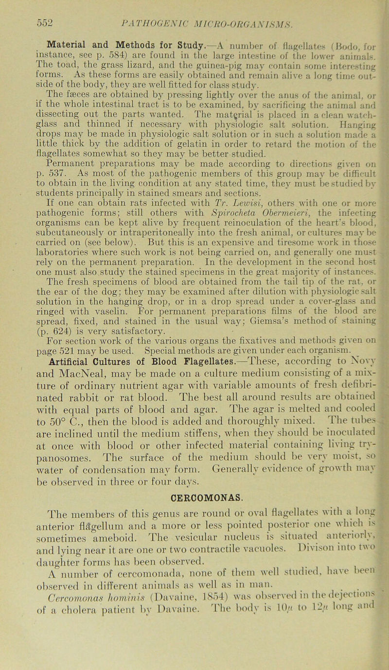 Material and Methods for Study.—A number of flagellates (Bodo, for instance, see p. 584) are found in the large intestine of the lower animals. The toad, the grass lizard, and the guinea-pig may contain some interesting forms. As these forms are easily obtained and remain alive a long time out- side of the body, they are well fitted for class study. The faeces are obtained by pressing lightly over the anus of the animal, or if the whole intestinal tract is to be examined, by sacrificing the animal and dissecting out the parts wanted. The material is placed in a clean watch- glass and thinned if necessary with physiologic salt solution. Hanging drops may be made in physiologic salt solution or in such a solution made a little thick by the addition of gelatin in order to retard the motion of the flagellates somewhat so they may. be better studied. Permanent preparations may be made according to directions given on p. 537. As most of the pathogenic members of this group may be difficult to obtain in the living condition at any stated time, they must be st udied by students principally in stained smears and sections. If one can obtain rats infected with Tr. Lewisi, others with one or more pathogenic forms; still others with Spirocheta Obermeieri, the infecting organisms can be kept alive by frequent reinoculation of the heart’s blood, subcutaneously or intraperitoneally into the fresh animal, or cultures may be carried on (see below). But this is an expensive and tiresome work in those laboratories where such work is not being carried on, and generally one must rely on the permanent preparation. In the development in the second host one must also study the stained specimens in the great majority of instances. The fresh specimens of blood are obtained from the tail tip of the rat. or the ear of the dog; they may be examined after dilution with physiologic salt solution in the hanging drop, or in a drop spread under a cover-glass and ringed with vaselin. For permanent preparations films of the blood are spread, fixed, and stained in the usual way; Giemsa’s method of staining (p. 624) is very satisfactory. For section work of the various organs the fixatives and methods given on page 521 may be used. Special methods are given under each organism. Artificial Cultures of Blood Flagellates.—These, according to Xoyv and MacNeal, may be made on a culture medium consisting of a mix- ture of ordinary nutrient agar with variable amounts of fresh defibri- nated rabbit or rat blood. The best all around results are obtained with equal parts of blood and agar. The agar is melted and cooled to 50° C., then the blood is added and thoroughly mixed. The tubes are inclined until the medium stiffens, when they should be inoculated at once with blood or other infected material containing living try- panosomes. The surface of the medium should be very moist, so water of condensation may form. Generally evidence of growth may be observed in three or four days. CERCOMONAS. The members of this genus are round or oval flagellates with a long anterior flctgellum and a more or less pointed posterior one which i> sometimes ameboid. The vesicular nucleus is situated anteriorh, and lying near it are one or two contractile vacuoles. Divison into two daughter forms has been observed. A number of cercomonada, none of them well studied, have been observed in different animals as well as in man. Cercomonas hominis (Davaine, 1854) was observed in the dejections of a cholera patient by Davaine. 1 he body is 10/t to 12/< long an