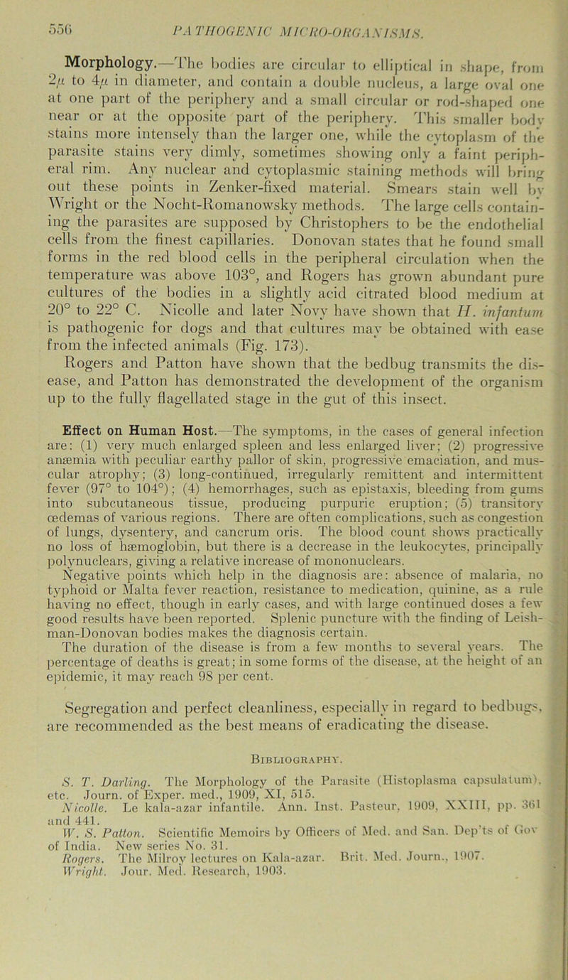 Morphology.—The bodies are circular to elliptical in shape, from 2« to 4/i in diameter, and contain a double nucleus, a large oval one at one part of the periphery and a small circular or rod-shaped one near or at the opposite part of the periphery. This smaller bodv stains more intensely than the larger one, while the cytoplasm of the parasite stains very dimly, sometimes showing only a faint periph- eral rim. Any nuclear and cytoplasmic staining methods will bring out these points in Zenker-fixed material. Smears stain well by Wright or the Nocht-Romanowsky methods. The large cells contain- ing the parasites are supposed by Christophers to be the endothelial cells from the finest capillaries. Donovan states that he found small forms in the red blood cells in the peripheral circulation when the temperature was above 103°, and Rogers has grown abundant pure cultures of the bodies in a slightly acid citrated blood medium at 20° to 22° C. Nicolle and later Novy have shown that H. infantum is pathogenic for dogs and that cultures may be obtained with ease from the infected animals (Fig. 173). Rogers and Patton have shown that the bedbug transmits the dis- ease, and Patton has demonstrated the development of the organism up to the fully flagellated stage in the gut of this insect. Effect on Human Host.—The symptoms, in the cases of general infection are: (1) very much enlarged spleen and less enlarged liver; (2) progressive anaemia with peculiar earthy pallor of skin, progressive emaciation, and mus- cular atrophy; (3) long-continued, irregularly remittent and intermittent fever (97° to 104°); (4) hemorrhages, such as epistaxis, bleeding from gums into subcutaneous tissue, producing purpuric eruption; (5) transitory cedemas of various regions. There are often complications, such as congestion of lungs, dysentery, and cancrum oris. The blood count shows practically no loss of haemoglobin, but there is a decrease in the leukocytes, principally polynuclears, giving a relative increase of mononuclears. Negative points which help in the diagnosis are: absence of malaria, no typhoid or Malta fever reaction, resistance to medication, quinine, as a rule having no effect, though in early cases, and with large continued doses a few good results have been reported. Splenic puncture with the finding of Leish- man-Donovan bodies makes the diagnosis certain. The duration of the disease is from a few months to several years. The percentage of deaths is great; in some forms of the disease, at the height of an epidemic, it may reach 98 per cent. Segregation and perfect cleanliness, especially in regard to bedbugs, are recommended as the best means of eradicating the disease. Bibliography. S. T. Darling. The Morphology of the Parasite (Histoplasma capsulatuni), etc. Journ. of Exper. med., 1909, XI, 515. Nicolle. Le kala-azar infantile. Ann. Inst. Pasteur, 1909, XXIII, pp. 301 and 441. W. S. Patton. Scientific Memoirs by Officers of Med. and San. Dep ts of Gov of India. New series No. 31. Rogers. The Milroy lectures on Kala-azar. Brit. Med. Journ.. 190«. Wright. Jour. Med. Research, 1903.