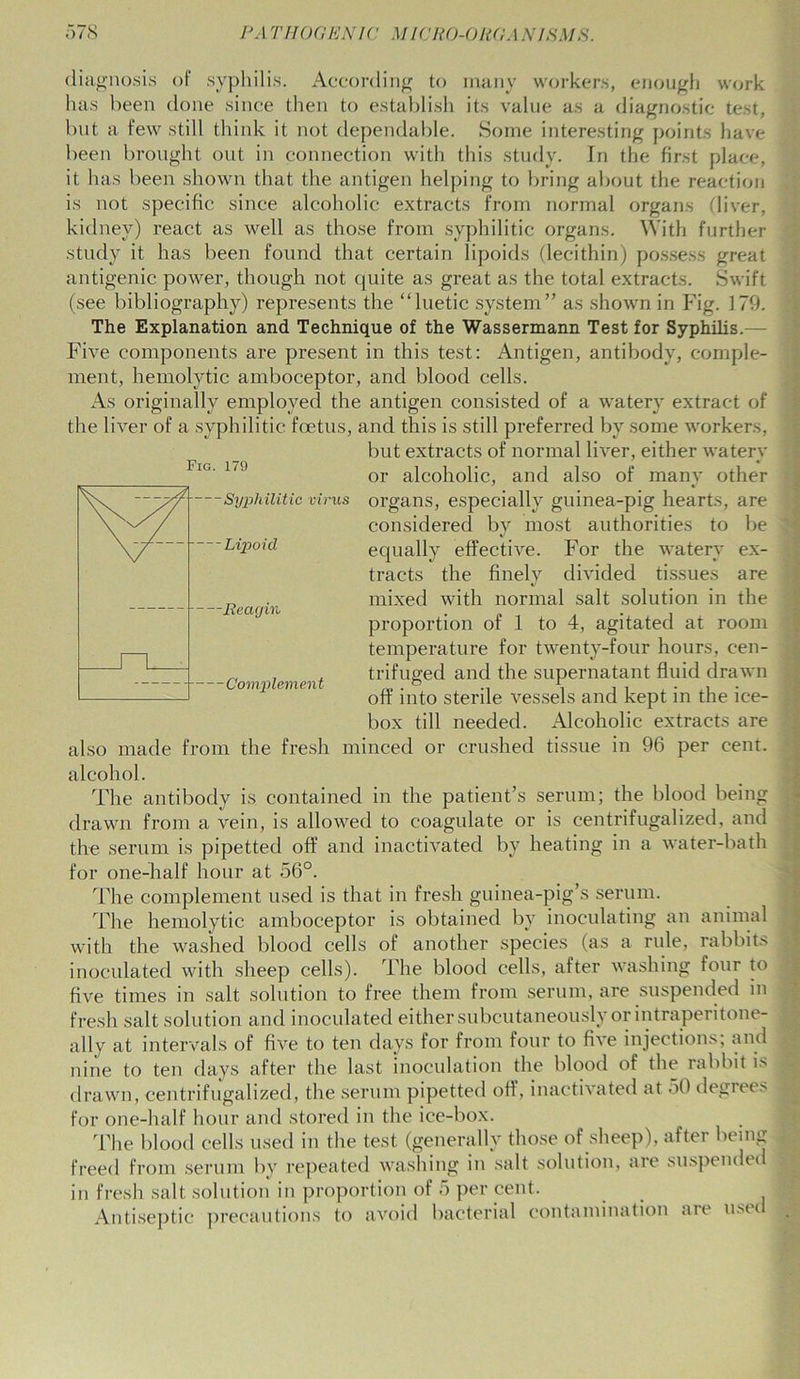 has been done since then to establish its value as a diagnostic test, but a few still think it not dependable. Some interesting points have been brought out in connection with this study. In the first place, it has been shown that the antigen helping to bring about the reaction is not specific since alcoholic extracts from normal organs (liver, kidney) react as well as those from syphilitic organs. With further study it has been found that certain lipoids (lecithin) possess great antigenic power, though not quite as great as the total extracts. Swift (see bibliography) represents the “luetic system” as shown in Fig. 179. The Explanation and Technique of the Wassermann Test for Syphilis.— Five components are present in this test: Antigen, antibody, comple- ment, hemolytic amboceptor, and blood cells. As originally employed the antigen consisted of a watery extract of the liver of a syphilitic foetus, and this is still preferred by some workers, Syphilitic virus organs, especially guinea-pig hearts, are considered by most authorities to be --Lipoid equally effective. For the watery ex- also made from the fresh minced or crushed tissue in 96 per cent, alcohol. The antibody is contained in the patient’s serum; the blood being drawn from a vein, is allowed to coagulate or is centrifugalized, and the serum is pipetted off and inactivated by heating in a water-bath for one-half hour at 56°. The complement used is that in fresh guinea-pig’s serum. The hemolytic amboceptor is obtained bv inoculating an animal with the washed blood cells of another species (as a rule, rabbits j inoculated with sheep cells). The blood cells, after washing four to five times in salt solution to free them from serum, are suspended m fresh salt solution and inoculated either subcutaneously or intraperitone- ally at intervals of five to ten days for from four to five injections; and nine to ten days after the last inoculation the blood of the rabbit is : drawn, centrifugalized, the serum pipetted off, inactivated at oO degrees < for one-half hour and stored in the ice-box. The blood cells used in the test (generally those of sheep), after being freed from serum by repeated washing in salt solution, are suspended ; in frp.«h salt- solution in nronortion of 5 per cent. Fig. 179 but extracts of normal liver, either watery or alcoholic, and also of many other FT Complement Reagin tracts the finely divided tissues are mixed with normal salt solution in the proportion of 1 to 4, agitated at room temperature for twenty-four hours, cen- trifuged and the supernatant fluid drawn off into sterile vessels and kept in the ice- box till needed. Alcoholic extracts are