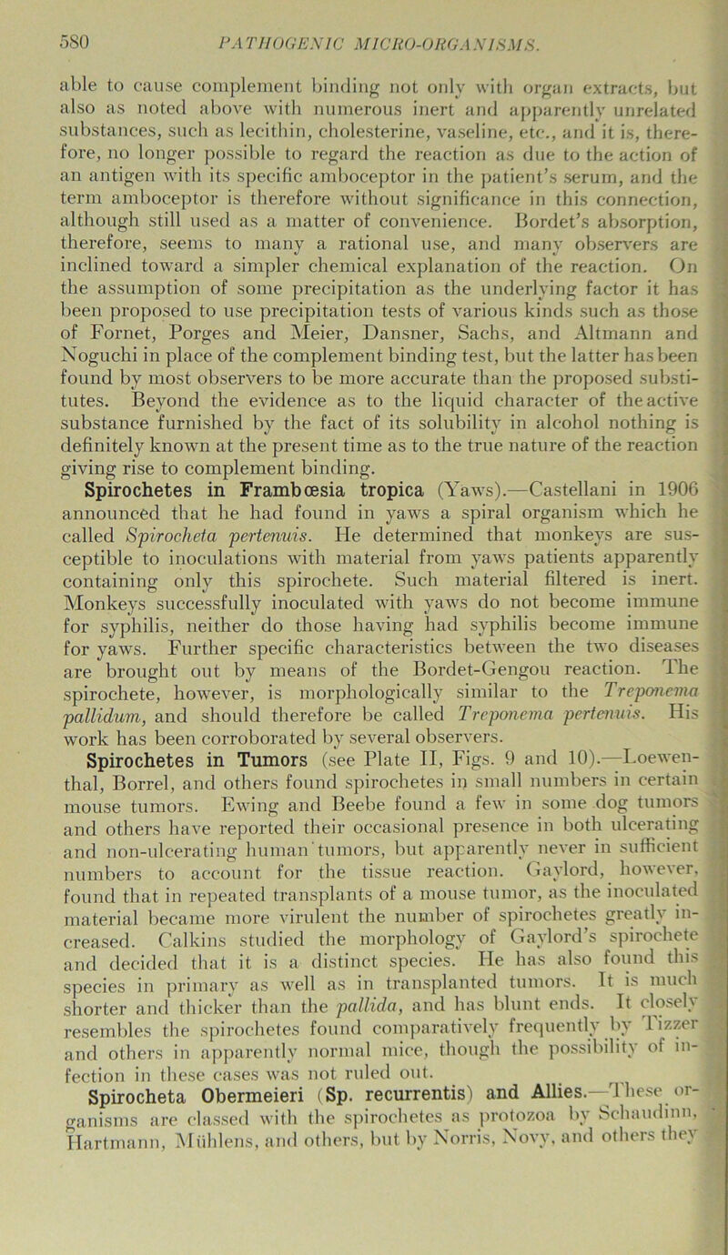 able to cause complement binding not only with organ extracts, but also as noted above with numerous inert and apparently unrelated substances, such as lecithin, cholesterine, vaseline, etc., and it is, there- fore, no longer possible to regard the reaction as due to the action of an antigen with its specific amboceptor in the patient’s serum, and the term amboceptor is therefore without significance in this connection, although still used as a matter of convenience. Bordet’s absorption, therefore, seems to many a rational use, and many observers are inclined toward a simpler chemical explanation of the reaction. On the assumption of some precipitation as the underlying factor it has been proposed to use precipitation tests of various kinds such as those of Fornet, Porges and Meier, Dansner, Sachs, and Altmann and Noguchi in place of the complement binding test, but the latter has been found by most observers to be more accurate than the proposed substi- tutes. Beyond the evidence as to the liquid character of the active substance furnished by the fact of its solubility in alcohol nothing is definitely known at the present time as to the true nature of the reaction giving rise to complement binding. Spirochetes in Frambcesia tropica (Yaws).—Castellani in 1906 announced that he had found in yaws a spiral organism which he called Spirocheta pertenuis. He determined that monkeys are sus- ceptible to inoculations with material from yaws patients apparently containing only this spirochete. Such material filtered is inert. Monkeys successfully inoculated with yaws do not become immune for syphilis, neither do those having had syphilis become immune for yaws. Further specific characteristics between the two diseases are brought out by means of the Bordet-Gengou reaction. The spirochete, however, is morphologically similar to the Treponema pallidum, and should therefore be called Treponema pertenuis. His work has been corroborated by several observers. Spirochetes in Tumors (see Plate II, Figs. 9 and 10).—Loewen- thal, Borrel, and others found spirochetes in small numbers in certain mouse tumors. Ewing and Beebe found a few in some dog tumors and others have reported their occasional presence in both ulcerating and non-ulcerating human tumors, but apparently never in sufficient numbers to account for the tissue reaction. Gaylord, however, found that in repeated transplants of a mouse tumor, as the inoculated material became more virulent the number of spirochetes greatly in- creased. Calkins studied the morphology of Gaylord’s spirochete and decided that it is a distinct species. Ide has also found this species in primary as well as in transplanted tumors. It is much shorter and thicker than the pallida, and has blunt ends. It closely resembles the spirochetes found comparatively frequently by Pizzer and others in apparently normal mice, though the possibility of in- fection in these cases was not ruled out. Spirocheta Obermeieri (Sp. recurrentis) and Allies.—-These or- ganisms are classed with the spirochetes as protozoa by Schaudinn, Hartmann, Miihlens, and others, but by Norris, Novy, and others they