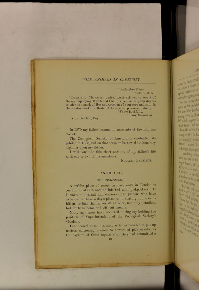 ‘ ‘ Buckingham Palace, “ June 4, 1877. “ Dear Sir,—The Queen desires me to ask you to accept of the accompanying Watch and Chain, which her Majesty desires to offer as a mark of Her appreciation of your care and skill in the treatment of Her Birds. I have great pleasure in doing it. “ Yours faithfully, “ Thos. Biddulph. “A. D. Bartlett, Esq.” In 1879 my father became an Associate of the Linnean Society. The Zoological Society of Amsterdam celebrated its jubilee in 1888, and on that occasion bestowed its honorary diploma upon my father. I will conclude this short account of my father’s life with one or two of his anecdotes. Edward Bartlett. ANECDOTES. THE PICKPOCKET. A public place of resort on busy days in London is certain to attract and be infested with pickpockets. It is most unpleasant and distressing to persons who have expected to have a day’s pleasure in visiting public exhi- bitions to find themselves all at once, not only penniless, but far from home and without friends. Many such cases have occurred during my holding the position of Superintendent of the Zoological Society s Gardens. It appeared to me desirable as far as possible to put up notices cautioning visitors to beware of pickpockets, as the capture of these rogues after they had committed a