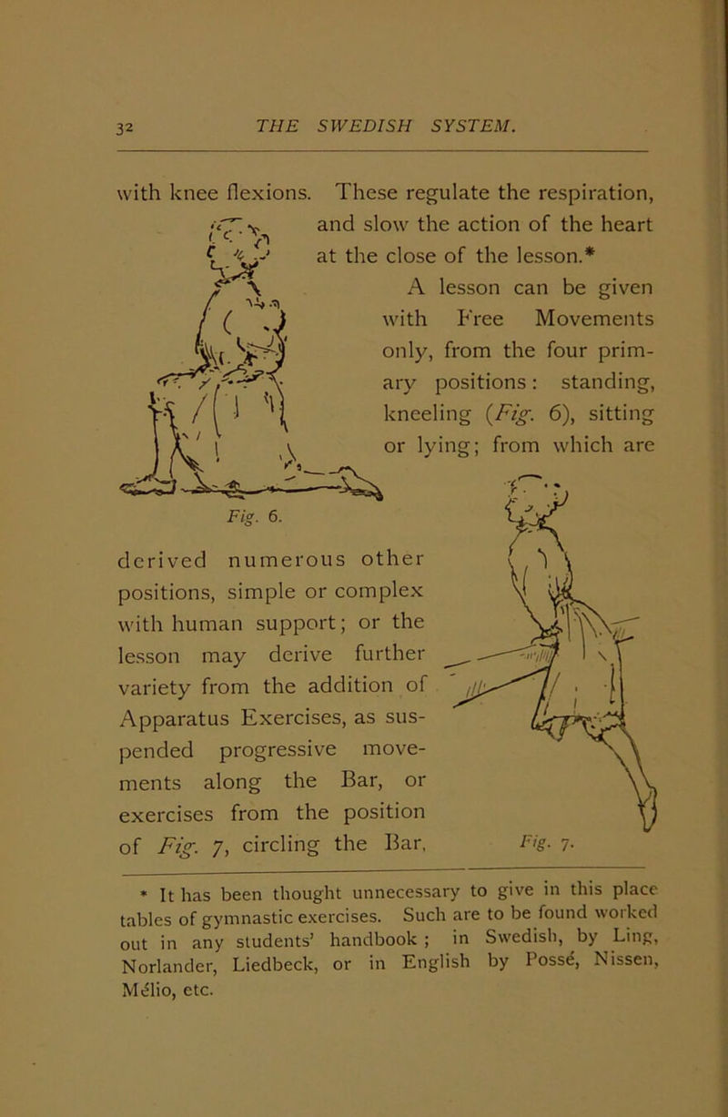 THE S W EDI SH S YS TEM. with knee flexions. These regulate the respiration, and slow the action of the heart at the close of the lesson.* A lesson can be given with Free Movements only, from the four prim- ary positions: standing, kneeling {Fig. 6), sitting or lying; from which are Fig. 6. derived numerous other positions, simple or complex with human support; or the lesson may derive further variety from the addition of Apparatus Exercises, as sus- pended progressive move- ments along the Bar, or exercises from the position of Fig. 7, circling the Bar, Fig. 7. * It has been thought unnecessary to give in this place tables of gymnastic exercises. Such are to be found worked out in any students’ handbook ; in Swedish, by Ling, Norlander, Liedbeck, or in English by Possd, Nissen, Melio, etc.
