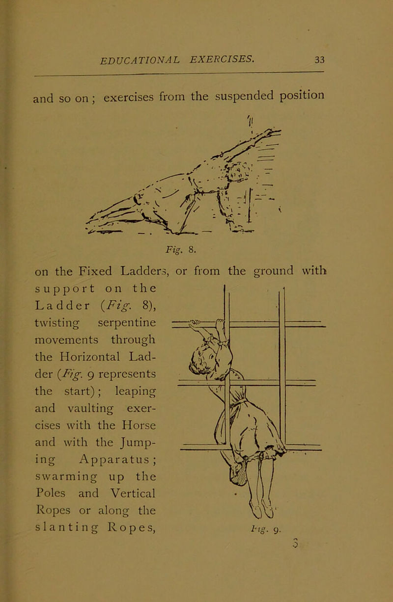 and so on ; exercises from the suspended position on the Fixed Ladder support on the Ladder {Fig. 8), twisting serpentine movements through the Horizontal Lad- der {Fig. 9 represents the start); leaping and vaulting exer- cises with the Horse and with the Jump- ing Apparatus; swarming up the Poles and Vertical Ropes or along the slanting Ropes, Fig. 8. or from the ground with o