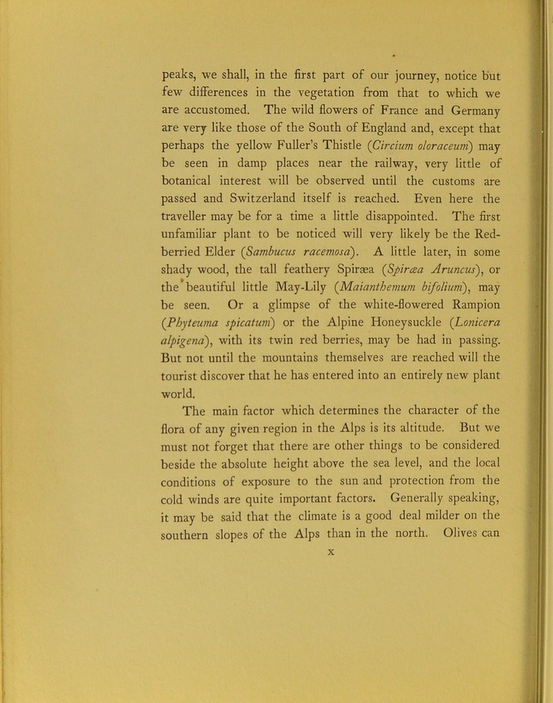 peaks, we shall, in the first part of our journey, notice but few differences in the vegetation from that to which we are accustomed. The wild flowers of France and Germany are very like those of the South of England and, except that perhaps the yellow Fuller’s Thistle (Circium oloraceum) may be seen in damp places near the railway, very little of botanical interest will be observed until the customs are passed and Switzerland itself is reached. Even here the traveller may be for a time a little disappointed. The first unfamiliar plant to be noticed will very likely be the Red- berried Elder (Sambucus racemosa). A little later, in some shady wood, the tall feathery Spirasa (Spiraa Aruncus), or the beautiful little May-Lily (Maianthemum bfolium), may be seen. Or a glimpse of the white-flowered Rampion ('Pbyteuma spicatum) or the Alpine Honeysuckle (Lonicera alpigena), with its twin red berries, may be had in passing. But not until the mountains themselves are reached will the tourist discover that he has entered into an entirely new plant world. The main factor which determines the character of the flora of any given region in the Alps is its altitude. But we must not forget that there are other things to be considered beside the absolute height above the sea level, and the local conditions of exposure to the sun and protection from the cold winds are quite important factors. Generally speaking, it may be said that the climate is a good deal milder on the southern slopes of the Alps than in the north. Olives can