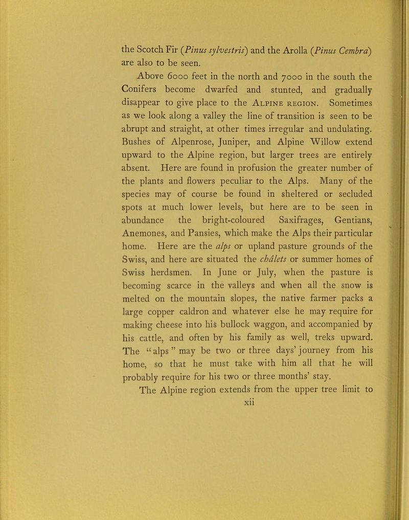 the Scotch Fir (Pinus syhestris) and the Arolla (Pinus Cembra) are also to be seen. Above 6000 feet in the north and 7000 in the south the Conifers become dwarfed and stunted, and gradually disappear to give place to the Alpine region. Sometimes as we look along a valley the line of transition is seen to be abrupt and straight, at other times irregular and undulating. Bushes of Alpenrose, Juniper, and Alpine Willow extend upward to the Alpine region, but larger trees are entirely absent. Here are found in profusion the greater number of the plants and flowers peculiar to the Alps. Many of the species may of course be found in sheltered or secluded spots at much lower levels, but here are to be seen in abundance the bright-coloured Saxifrages, Gentians, Anemones, and Pansies, which make the Alps their particular home. Here are the alps or upland pasture grounds of the Swiss, and here are situated the chalets or summer homes of Swiss herdsmen. In June or July, when the pasture is becoming scarce in the valleys and when all the snow is melted on the mountain slopes, the native farmer packs a large copper caldron and whatever else he may require for making cheese into his bullock waggon, and accompanied by his cattle, and often by his family as well, treks upward. The “ alps ” may be two or three days’journey from his home, so that he must take with him all that he will probably require for his two or three months’ stay. The Alpine region extends from the upper tree limit to Xll