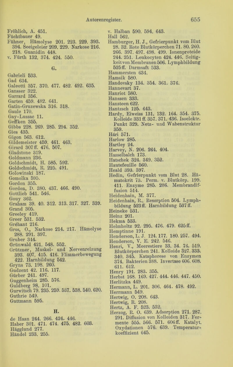 Fröhlich, A. 451. Fiichtbauer 49. Füliner, Hämolyse 201. 223. 229. 393. 394. Seeigeleier 209. 229. Narkose 216. 218. Guanidin 448. v. Fürth 132. 374. 424. 550. G. Gabrieli 533. Gad 634. Galeotti 357. 370. 477. 482. 492. 635. Gansser 322. Garrard 356. Garten 459. 482. 641. Gatin-Gruzewska 316. 318. Gaule 170. Gay-Lussac 11. Gibbs 228. 269. 285. 294. 352. Gies 435. Gigon 563. 612. Gildemeister 459. 461. 463. Girard 307 ff. 476. 507. Gladstone 319. Goldmann 236. Goldschmidt, H. 585. 592. Goldschmidt, R. 225. 491. Golowinski 187. Gomolka 595. Gordon 355. Gordon, D. 380. 437. 466. 490. Gottlieb 541. 546. Gouy 362. Graham 39. 40. 312. 313. 317. 327. 339. Grand 305. Greeley 419. Greer 531. 532. Grehant 216. Gros, 0., Narkose 214. 217. Hämolyse 288. 291. 397. Grub er 314. Grünwald 421. 548. 552. Grützner, Muskel- und Nervenreizung 393. 407. 415. 416. Flimmerbewegung 422. Harnbildung 542. Gryns 73. 198. 260. Gudzent 42. 116. 117. Gürber 241. 497. Guggenheim 285. 576. Guldberg 98. 101. Gurwitsch 79. 235. 259. 537. 538. 540. 620. Guthrie 549. Guttmann 595. H. de Haan 244. 266. 424. 446. Haber 301. 471. 474. 475. 482. 603. Hägglund 277. Händel 233. 255. v. Halban 590. 594. 643. Hall 562. Hamburger, H. J., Gefrierpunkt vom Blut 28. 32. Rote Blutkörperchen 71. 80. 260. 266. 397. 497. 498. 499. Ionenproteide 244. 251. Leukocyten 424. 446. Seitig- keit von Membranen 506. Lymphbildung 525 ff. Darmsaft 533. Hammersten 634. Hamsik 580. Handovsky 134. 354. 361. 376. Iiannevart 37. Hanriot 580. Hanssen 333. Hansteen 622. Hantzsch 125. 643. Hardy, Eiweiss 131. 132. 164. 354. 375. Kolloide 331 ff. 357. 371. 436. Isoelektr. Punkt 329. Netz- und Wabenstruktur 359. Häri 571. Harlow 285. Hartley 24. Harvey, N. 206. 264. 404. Hasselbalch 173. Hatschek 324. 349. 352. Hautefeuille 560. Heald 393. 397. Hedin, Gefrierpunkt vom Blut 28. Hä- matokrit 73. Perm. v. Blutkörp. 199. 411. Enzyme 285. 286. Membrandif- fusion 514. Heidenhain, M. 377. Heidenhain, R., Resorption 504. Lymph- bildung 523 ff. Harnbildung 537ff. Heineke 531. Heinz 201. Hekma 533. Helmholtz 92. 295. 476. 479. 625 ff. Hemptinne 191. Ilenderson, L. J. 124.177. 180. 257. 494. Henderson, V. E. 242. 546. Henri, V., Meerestiere 33. 34. 76. 519. Blutkörperchen 241. Kolloide 327. 333. 340. 345. Kataphorese von Enzymen 374. Bakterien 388. Invertase 606. 608. 611. 612. Henry 191. 283. 355. Herbst 168. 169. 427. 444. 446. 447. 450. TTpvI 11ylcn 449 Hermann, L. 201. 306. 464. 478. 492. Herrmann 549. Hertwig, 0. 208. 643. Hertwig, R. 208. Hertz, A. F. 523. 532. Herzog, R. 0. 639. Adsorption 271. 287. 291. Diffusion von Kolloiden 317. Fer- mente 555. 566. 571. 606 ff. Katalyt. Oxydationen 576. 639. Temperatur- koefüzient 645.