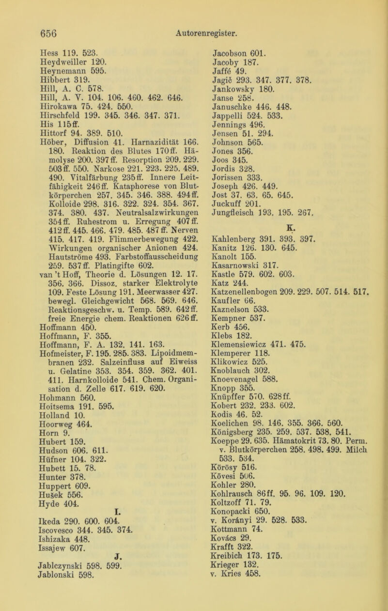 Hess 119. 523. Heydweiller 120. Heynemann 595. Hibbert 319. Hill, A. C. 578. Hill, A. V. 104. 106. 460. 462. 646. Hirokawa 75. 424. 550. Hirschfeld 199. 345. 346. 347. 371. His l!5ff. Hittorf 94. 389. 510. Höber, Diffusion 41. Harnazidität 166. 180. Reaktion des Blutes 170 ff. Hä- molyse 200. 397 ff. Resorption 209. 229. 503 ff. 550. Narkose 221. 223. 225. 489. 490. Vitalfärbung 235 ff. Innere Leit- fähigkeit 246 ff. Kataphorese von Blut- körperchen 257. 345. 346. 388. 494 ff. Kolloide 298. 316. 322. 324. 354. 367. 374. 380. 437. Neutralsalzwirkungen 354 ff. Ruhestrom u. Erregung 407 ff. 412 ff. 445. 466. 479. 485. 487 ff. Nerven 415. 417. 419. Flimmerbewegung 422. Wirkungen organischer Anionen 424. Hautströme 493. Farbstoffausscheidung 259. 537 ff. Platingifte 602. van ’t Hoff, Theorie d. Lösungen 12. 17. 356. 366. Dissoz. starker Elektrolyte 109. Feste Lösung 191. Meerwasser 427. bewegl. Gleichgewicht 568. 569. 646. Reaktionsgeschw. u. Temp. 589. 642 ff. freie Energie chem. Reaktionen 626 ff. Hoffmann 450. Hoffmann, F. 355. Hoffmann, F. A. 132. 141. 163. Hofmeister, F. 195. 285. 383. Lipoidmem- branen 232. Salzeinfluss auf Eiweiss u. Gelatine 353. 354. 359. 362. 401. 411. Harnkolloide 541. Chem. Organi- sation d. Zelle 617. 619. 620. Hohmann 560. Hoitsema 191. 595. Holland 10. Hoorweg 464. Horn 9. Hubert 159. Hudson 606. 611. Hüfner 104. 322. Hubett 15. 78. Hunter 378. Huppert 609. Hugek 556. Hyde 404. Ikeda 290. 600. 604. Iscovesco 344. 345. 374. Ishizaka 448. Issajew 607. J. Jablczynski 598. 599. Jabionski 598. Jacobson 601. Jacoby 187. Tnffö 49 Jagiö 293. 347. 377. 378. Jankowsky 180. Janse 258. Januschke 446. 448. Jappelli 524. 533. Jennings 496. Jensen 51. 294. Johnson 565. Jones 356. Joos 345. Jordis 328. Jorissen 333. Joseph 426. 449. Jost 37. 63. 65. 645. Juckuff 201. Jungfleisch 193. 195. 267. K. Kahlenberg 391. 393. 397. Kanitz 126. 130. 645. Kanolt 155. Kasarnowski 317. Kastle 579. 602. 603. Katz 244. Katzenellenbogen 209. 229. 507. 514. 517. Kaufler 66. Kaznelson 533. Kempner 537. Kerb 456. Klebs 182. Klemensiewicz 471. 475. Klemperer 118. Klikowicz 525. Knoblauch 302. Knoevenagel 588. Knopp 355. Knüpffer 570. 628 ff. Kobert 232. 233. 602. Kodis 46. 52. Koelichen 98. 146. 355. 366. 560. Königsberg 235. 259. 537. 538. 541. Koeppe 29. 635. Hämatokrit 73. 80. Perm, v. Blutkörperchen 258. 498. 499. Milch 533. 534. Körösy 516. Kövesi 5ü6. Köhler 280. Kohlrausch 86 ff. 95. 96. 109. 120. Koltzoff 71. 79. Konopacki 650. v. Koränyi 29. 528. 533. Kottmann 74. Koväcs 29. Krafft 322. Kreibich 173. 175. Krieger 132. v. Kries 458.