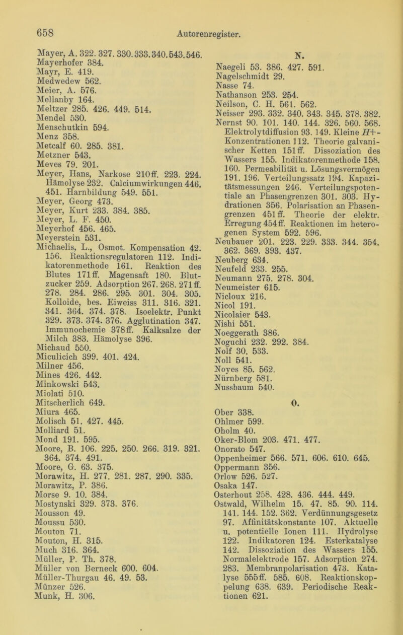 Mayer, A. 322. 327.330.333.340.543.546. Mayerhofer 384. Mayr, E. 419. Medwedew 562. Meier, A. 576. Mellanby 164. Meitzer 285. 426. 449. 514. Mendel 530. Menschutkin 594. Menz 358. Metcalf 60. 285. 381. Metzner 543. Meves 79. 201. Meyer, Hans, Narkose 210ff. 223. 224. Hämolyse 232. Calciumwirkungen 446. 451. Harnbildung 549. 551. Meyer, Georg 473. Meyer, Kurt 233. 384. 385. Meyer, L. F. 450. Meyerhof 456. 465. Meyerstein 531. Michaelis, L., Osmot. Kompensation 42. 156. Reaktionsregulatoren 112. Indi- katorenmethode 161. Reaktion des Blutes 171 ff. Magensaft 180. Blut- zucker 259. Adsorption 267. 268. 271 ff. 278. 284. 286. 295. 301. 304. 305. Kolloide, bes. Eiweiss 311. 316. 321. 341. 364. 374. 378. Isoelektr. Punkt 329. 373. 374. 376. Agglutination 347. Immunochemie 378 ff. Kalksalze der Milch 383. Hämolyse 396. Michaud 550. Miculicich 399. 401. 424. Milner 456. Mines 426. 442. Minkowski 543. Miolati 510. Mitscherlich 649. Miura 465. Molisch 51. 427. 445. Molliard 51. Mond 191. 595. Moore, B. 106. 225. 250. 266. 319. 321. 364. 374. 491. Moore, G. 63. 375. Morawitz, H. 277. 281. 287. 290. 335. Morawitz, P. 386. Morse 9. 10. 384. Mostynski 329. 373. 376. Mousson 49. Moussu 530. Mouton 71. Mouton, H. 315. Much 316. 364. Müller, P. Th. 378. Müller von Berneck 600. 604. Müller-Thurgau 46. 49. 53. Münzer 526. Munk, H. 306. N. Naegeli 53. 386. 427. 591. Nagelschmidt 29. Nasse 74. Nathanson 253. 254. Neilson, C. H. 561. 562. Neisser 293. 332. 340. 343. 345. 378. 382. Nernst 90. 101. 140. 144. 326. 560. 568. Elektrolytdiffusion 93. 149. Kleine H+- Konzentrationen 112. Theorie galvani- scher Ketten 151 ff. Dissoziation des Wassers 155. Indikatorenmethode 158. 160. Permeabilität u. Lösungsvermögen 191. 196. Verteilungssatz 194. Kapazi- tätsmessungen 246. Verteilungspoten- tiale an Phasengrenzen 301. 303. Hy- drationen 356. Polarisation an Phasen- grenzen 451 ff. Theorie der elektr. Erregung 454ff. Reaktionen im hetero- genen System 592. 596. Neubauer 201. 223. 229. 333. 344. 354. 362. 369. 393. 437. Neuberg 634. Neufeld 233. 255. Neumann 275. 278. 304. Neumeister 615. Nicloux 216. Nicol 191. Nicolaier 543. Nishi 551. Noeggerath 386. Noguchi 232. 292. 384. Nolf 30. 533. Noll 541. Noyes 85. 562. Nürnberg 581. Nussbaum 540. O. Ober 338. Ohlmer 599. Oholm 40. Oker-Blom 203. 471. 477. Onorato 547. Oppenheimer 566. 571. 606. 610. 645. Oppermann 356. Orlow 526. 527. Osaka 147 Osterhout 258. 428. 436. 444. 449. Ostwald, Wilhelm 15. 47. 85. 90. 114. 141. 144. 152. 362. Verdünnungsgesetz 97. Affinitätskonstante 107. Aktuelle u. potentielle Ionen 111. Hydrolyse 122. Indikatoren 124. Esterkatalyse 142. Dissoziation des Wassers 155. Noi’malelektrode 157. Adsorption 274. 283. Membranpolarisation 473. Kata- lyse 555ff. 585. 608. Reaktionskop- pelung 638. 639. Periodische Reak- tionen 621.