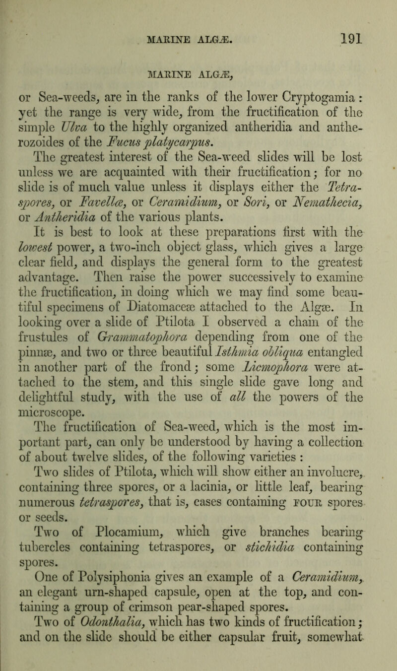 MARINE ALGiE, or Sea-weeds, are in the ranks of the lower Cryptogamia : yet the range is very wide, from the fructification of the simple TJlva to the highly organized antheridia and anthe- rozoides of the Fucus platy carpus. The greatest interest of the Sea-weed slides will be lost unless we are acquainted with their fructification; for no slide is of much value unless it displays either the Tetra- spores, or Fav elite, or Ceramidium, or Sori, or Nemathecia, or Antheridia of the various plants. It is best to look at these preparations first with the lowest power, a two-inch object glass, which gives a large clear field, and displays the general form to the greatest advantage. Then raise the power successively to examine the fructification, in doing which we may find some beau- tiful specimens of Diatomacese attached to the Algae. In looking over a slide of Ptilota I observed a chain of the frastules of Grammatopliora depending from one of the pinnae, and two or three beautiful Isthnia ohliqiia entangled in another part of the frond; some Licmophora were at- tached to the stem, and this single slide gave long and delightful study, with the use of all the powers of the microscope. The fructification of Sea-weed, which is the most im- portant part, can only be understood by having a collection of about twelve slides, of the following varieties : Two slides of Ptilota, which will show either an involucre, containing three spores, or a lacinia, or little leaf, bearing numerous tetraspores, that is, cases containing eour spores or seeds. Two of Plocamium, which give branches bearing tubercles containing tetraspores, or stichidia containing spores. One of Polysiphonia gives an example of a Ceramidium, an elegant urn-shaped capsule, open at the top, and con- taining a group of crimson pear-shaped spores. Two of Odonthalia, which has two kinds of fructification; and on the slide should be either capsular fruit, somewhat