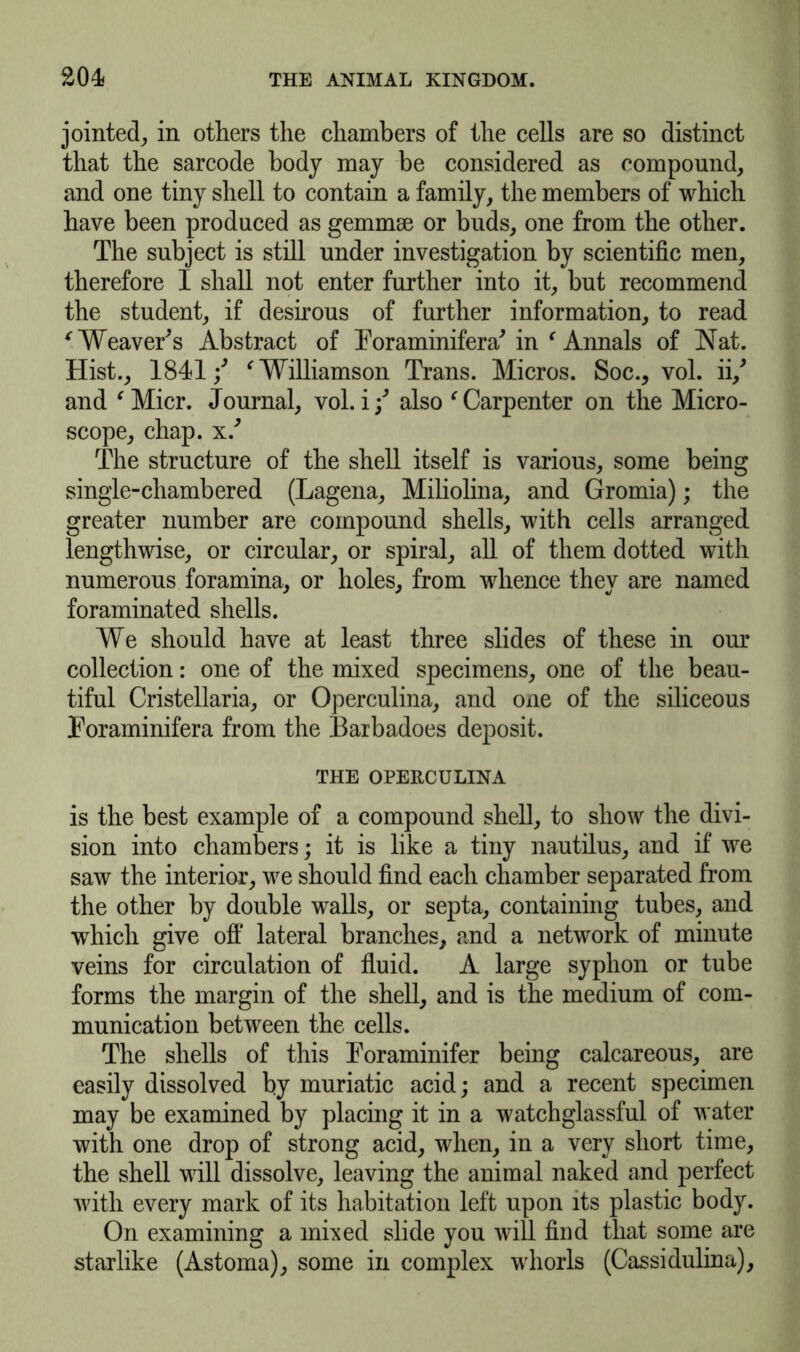 jointed, in others the chambers of the cells are so distinct that the sarcode body may be considered as compound, and one tiny shell to contain a family, the members of which have been produced as gemmae or buds, one from the other. The subject is still under investigation by scientific men, therefore I shall not enter further into it, but recommend the student, if desirous of further information, to read c Weaver's Abstract of Foraminifera' in ‘ Annals of Nat. Hist., 1841/ ' Williamson Trans. Micros. Soc., vol. ii/ and * Micr. Journal, vol. i/ also ‘ Carpenter on the Micro- scope, chap, x/ The structure of the shell itself is various, some being single-chambered (Lagena, Miliolina, and Gromia); the greater number are compound shells, with cells arranged lengthwise, or circular, or spiral, all of them dotted with numerous foramina, or holes, from whence they are named foraminated shells. We should have at least three slides of these in our collection: one of the mixed specimens, one of the beau- tiful Cristellaria, or Operculina, and one of the siliceous Foraminifera from the Barbadoes deposit. THE OPERCULINA is the best example of a compound shell, to show the divi- sion into chambers; it is like a tiny nautilus, and if' we saw the interior, we should find each chamber separated from the other by double walls, or septa, containing tubes, and which give off lateral branches, and a network of minute veins for circulation of fluid. A large syphon or tube forms the margin of the shell, and is the medium of com- munication between the cells. The shells of this Foraminifer being calcareous, are easily dissolved by muriatic acid; and a recent specimen may be examined by placing it in a watchglassful of water with one drop of strong acid, when, in a very short time, the shell will dissolve, leaving the animal naked and perfect with every mark of its habitation left upon its plastic body. On examining a mixed slide you will find that some are starlike (Astoma), some in complex whorls (Cassidulina),