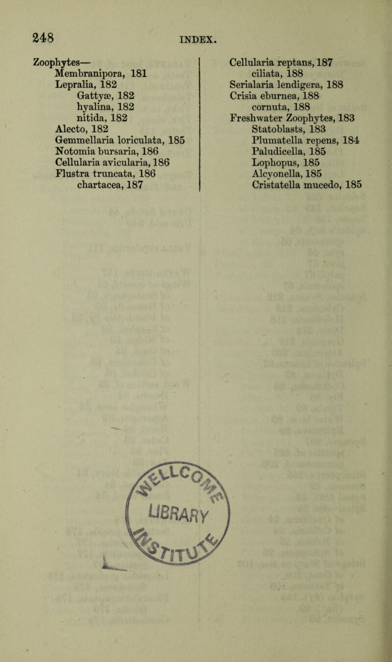 Zoophytes— Membranipora, 181 Lepralia, 182 Gattyse, 182 hyalina, 182 nitida, 182 Alecto, 182 Gemmellaria loriculata, 185 Notomia bursaria, 186 Cellularia avicularia, 186 Flustra truncata, 186 chartacea, 187 Cellularia reptans, 187 ciliata, 188 Serialaria lendigera, 188 Crisia eburnea, 188 cornuta, 188 Freshwater Zoophytes, 183 Statoblasts, 183 Plumatella repens, 184 Paludicella, 185 Lopbopus, 185 Alcyonella, 185 Cristatella mucedo, 185