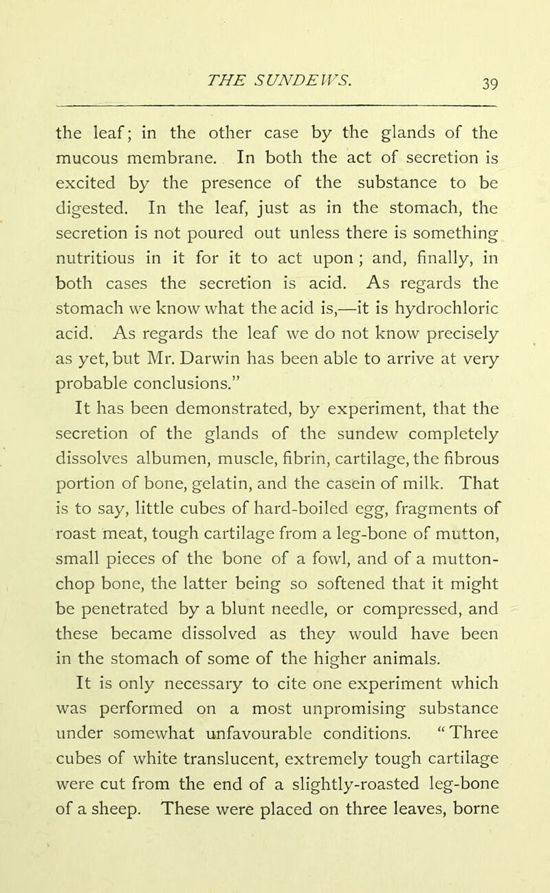 the leaf; in the other case by the glands of the mucous membrane. In both the act of secretion is excited by the presence of the substance to be digested. In the leaf, just as in the stomach, the secretion is not poured out unless there is something nutritious in it for it to act upon ; and, finally, in both cases the secretion is acid. As regards the stomach we know what the acid is,—it is hydrochloric acid. As regards the leaf we do not know precisely as yet, but Mr. Darwin has been able to arrive at very probable conclusions.” It has been demonstrated, by experiment, that the secretion of the glands of the sundew completely dissolves albumen, muscle, fibrin, cartilage, the fibrous portion of bone, gelatin, and the casein of milk. That is to say, little cubes of hard-boiled egg, fragments of roast meat, tough cartilage from a leg-bone of mutton, small pieces of the bone of a fowl, and of a mutton- chop bone, the latter being so softened that it might be penetrated by a blunt needle, or compressed, and these became dissolved as they would have been in the stomach of some of the higher animals. It is only necessary to cite one experiment which was performed on a most unpromising substance under somewhat unfavourable conditions. “ Three cubes of white translucent, extremely tough cartilage were cut from the end of a slightly-roasted leg-bone of a sheep. These were placed on three leaves, borne