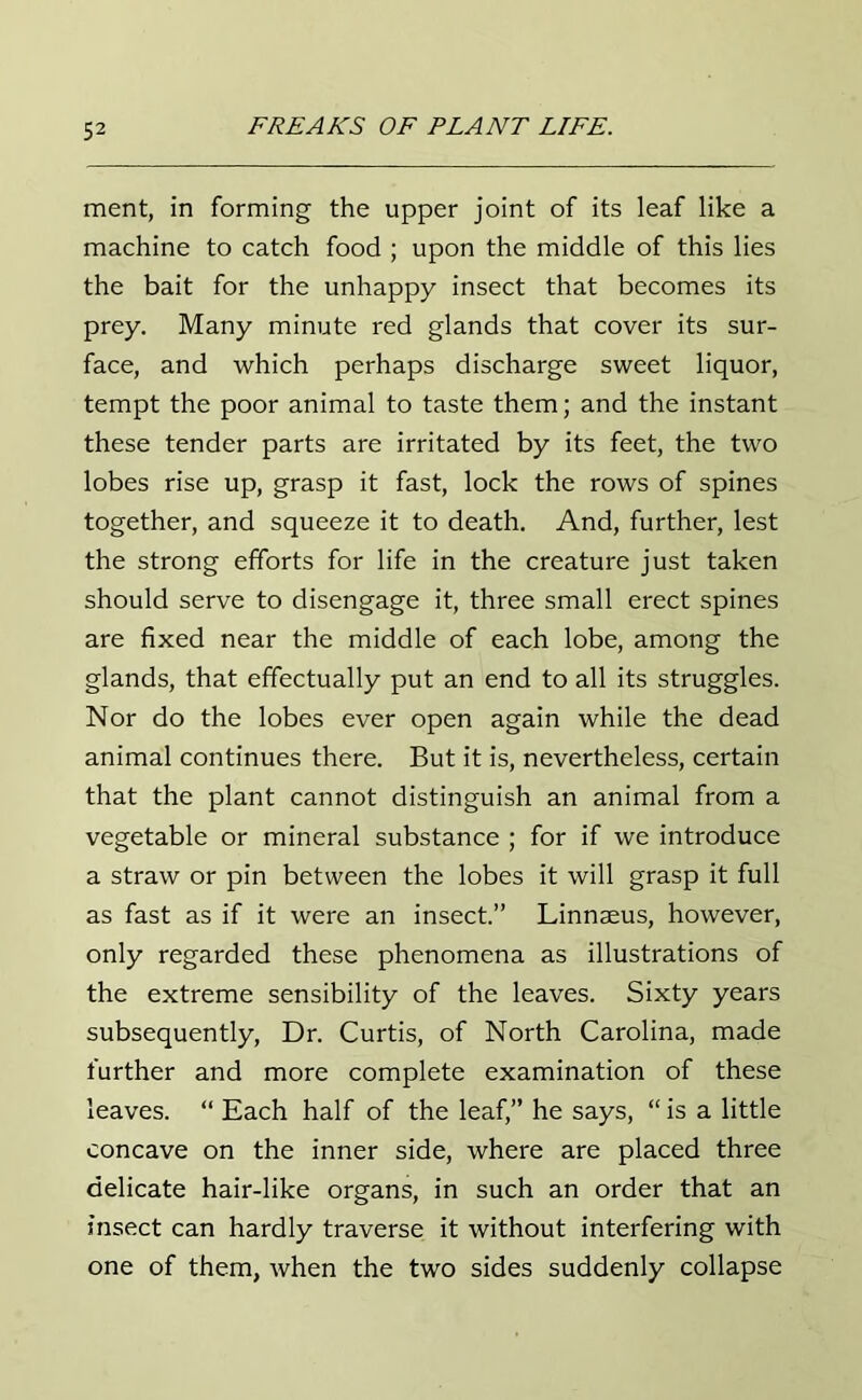 ment, in forming the upper joint of its leaf like a machine to catch food ; upon the middle of this lies the bait for the unhappy insect that becomes its prey. Many minute red glands that cover its sur- face, and which perhaps discharge sweet liquor, tempt the poor animal to taste them; and the instant these tender parts are irritated by its feet, the two lobes rise up, grasp it fast, lock the rows of spines together, and squeeze it to death. And, further, lest the strong efforts for life in the creature just taken should serve to disengage it, three small erect spines are fixed near the middle of each lobe, among the glands, that effectually put an end to all its struggles. Nor do the lobes ever open again while the dead animal continues there. But it is, nevertheless, certain that the plant cannot distinguish an animal from a vegetable or mineral substance ; for if we introduce a straw or pin between the lobes it will grasp it full as fast as if it were an insect.” Linnaeus, however, only regarded these phenomena as illustrations of the extreme sensibility of the leaves. Sixty years subsequently, Dr. Curtis, of North Carolina, made further and more complete examination of these leaves. “ Each half of the leaf,” he says, “ is a little concave on the inner side, where are placed three delicate hair-like organs, in such an order that an insect can hardly traverse it without interfering with one of them, when the two sides suddenly collapse