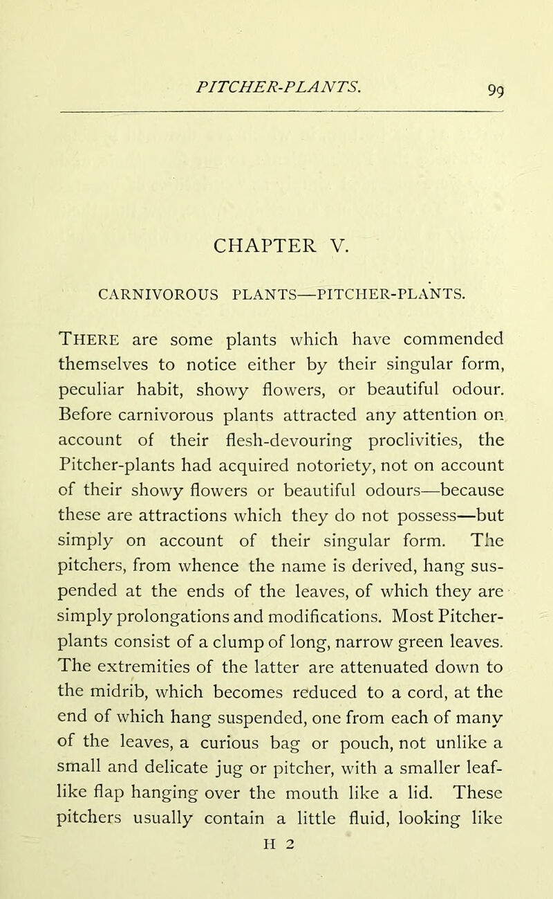 CHAPTER V. CARNIVOROUS PLANTS—PITCHER-PLANTS. There are some plants which have commended themselves to notice either by their singular form, peculiar habit, showy flowers, or beautiful odour. Before carnivorous plants attracted any attention on account of their flesh-devouring proclivities, the Pitcher-plants had acquired notoriety, not on account of their showy flowers or beautiful odours—because these are attractions which they do not possess—but simply on account of their singular form. The pitchers, from whence the name is derived, hang sus- pended at the ends of the leaves, of which they are simply prolongations and modifications. Most Pitcher- plants consist of a clump of long, narrow green leaves. The extremities of the latter are attenuated down to the midrib, which becomes reduced to a cord, at the end of which hang suspended, one from each of many of the leaves, a curious bag or pouch, not unlike a small and delicate jug or pitcher, with a smaller leaf- like flap hanging over the mouth like a lid. These pitchers usually contain a little fluid, looking like II 2